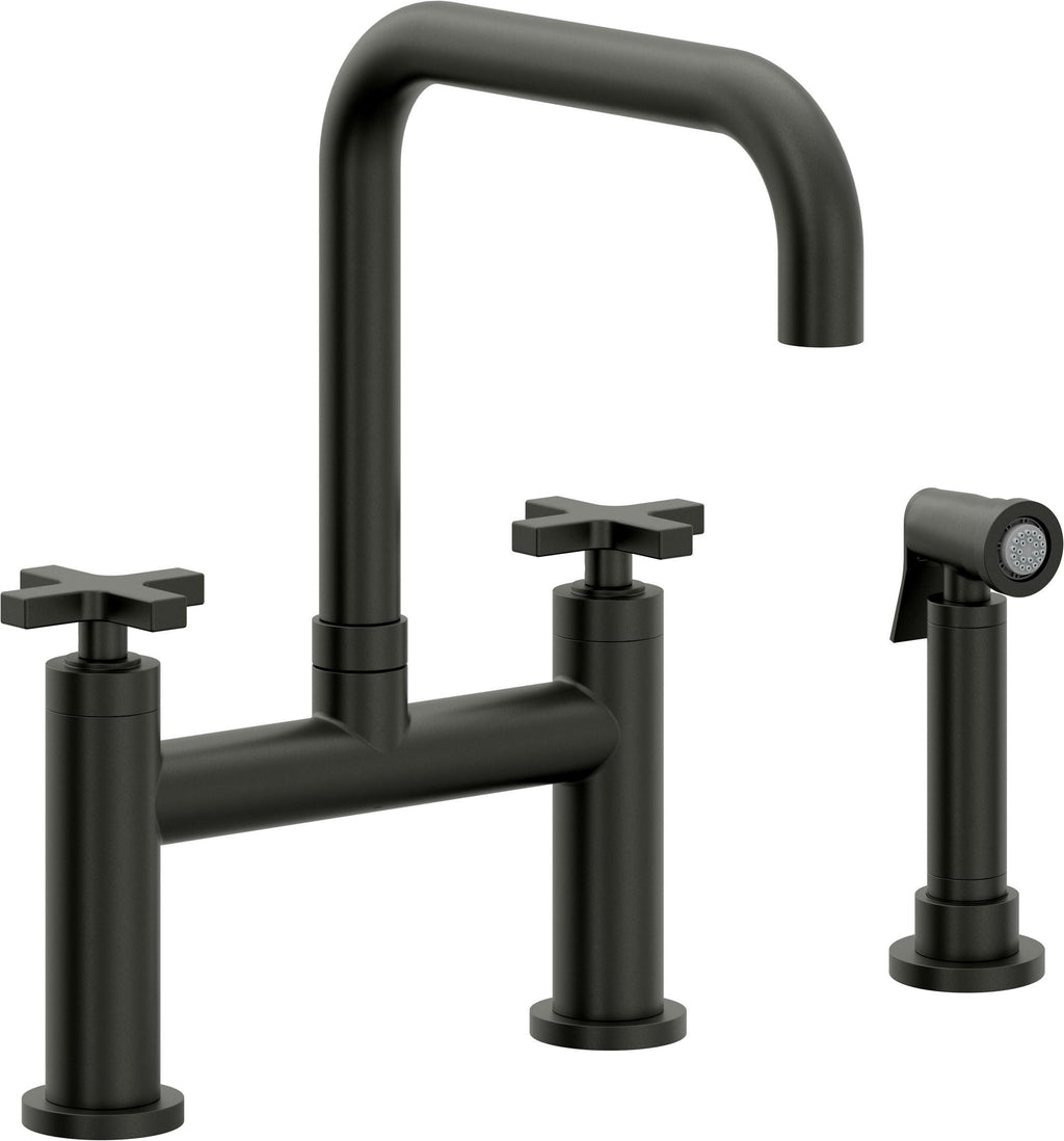 California Faucets Corsano Llave de Cocina Tipo Puente Contemporanea con Rociador Lateral - Pico Cuadruple - Bronce Bella Terra