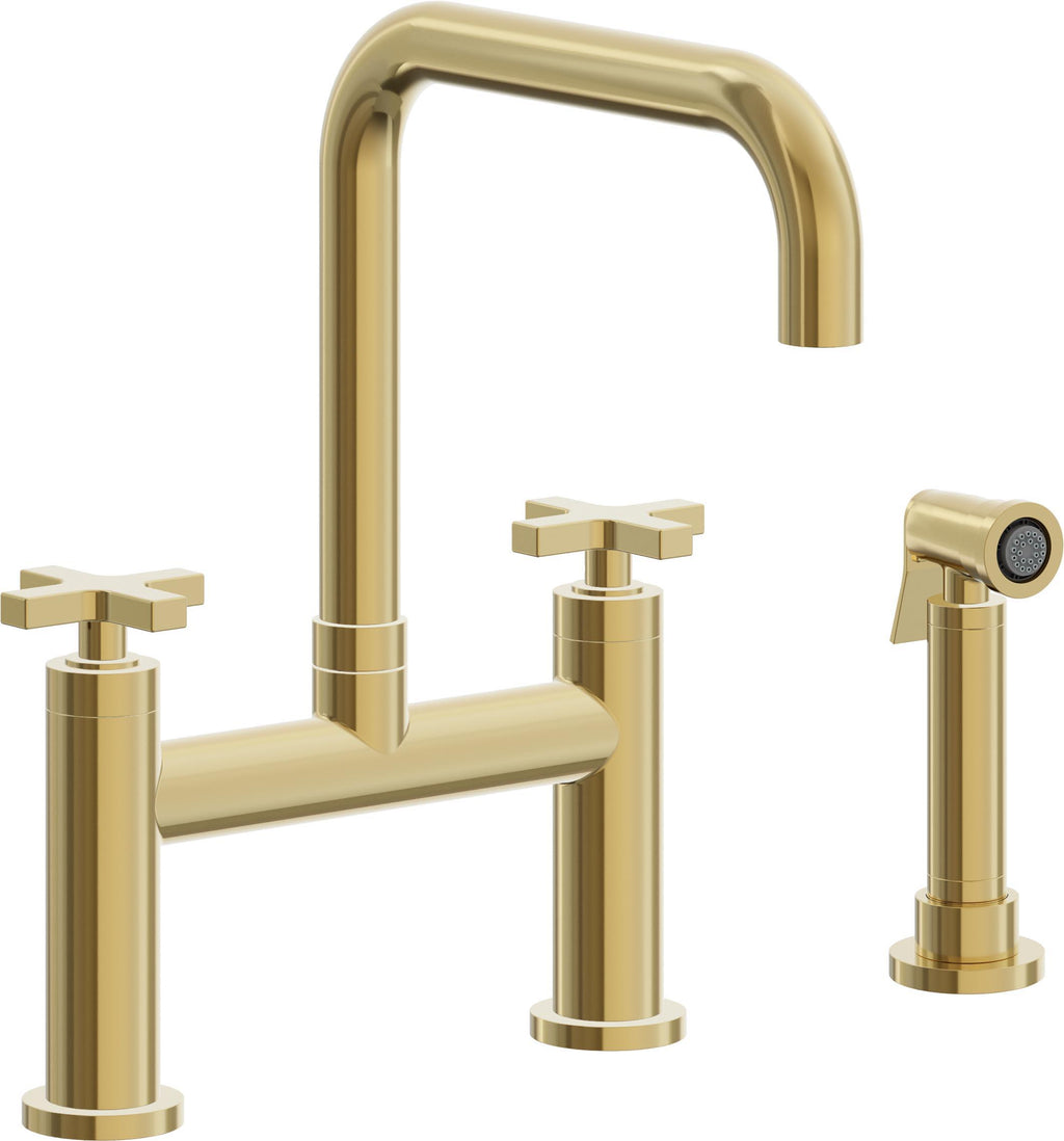 California Faucets Corsano Llave de Cocina Tipo Puente Contemporanea con Rociador Lateral - Pico Cuadruple - Oro Pulido de por Vida