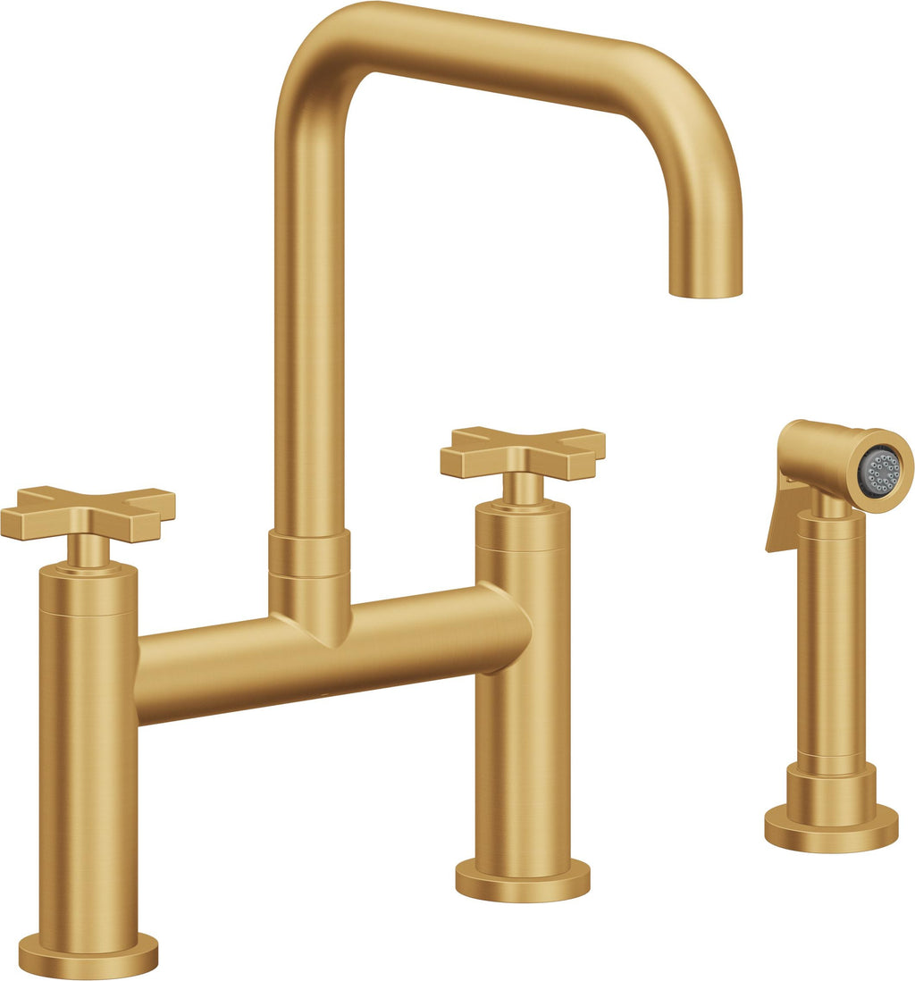California Faucets Corsano Llave de Cocina Tipo Puente Contemporanea con Rociador Lateral - Pico Cuadruple - Oro Satinado de por Vida