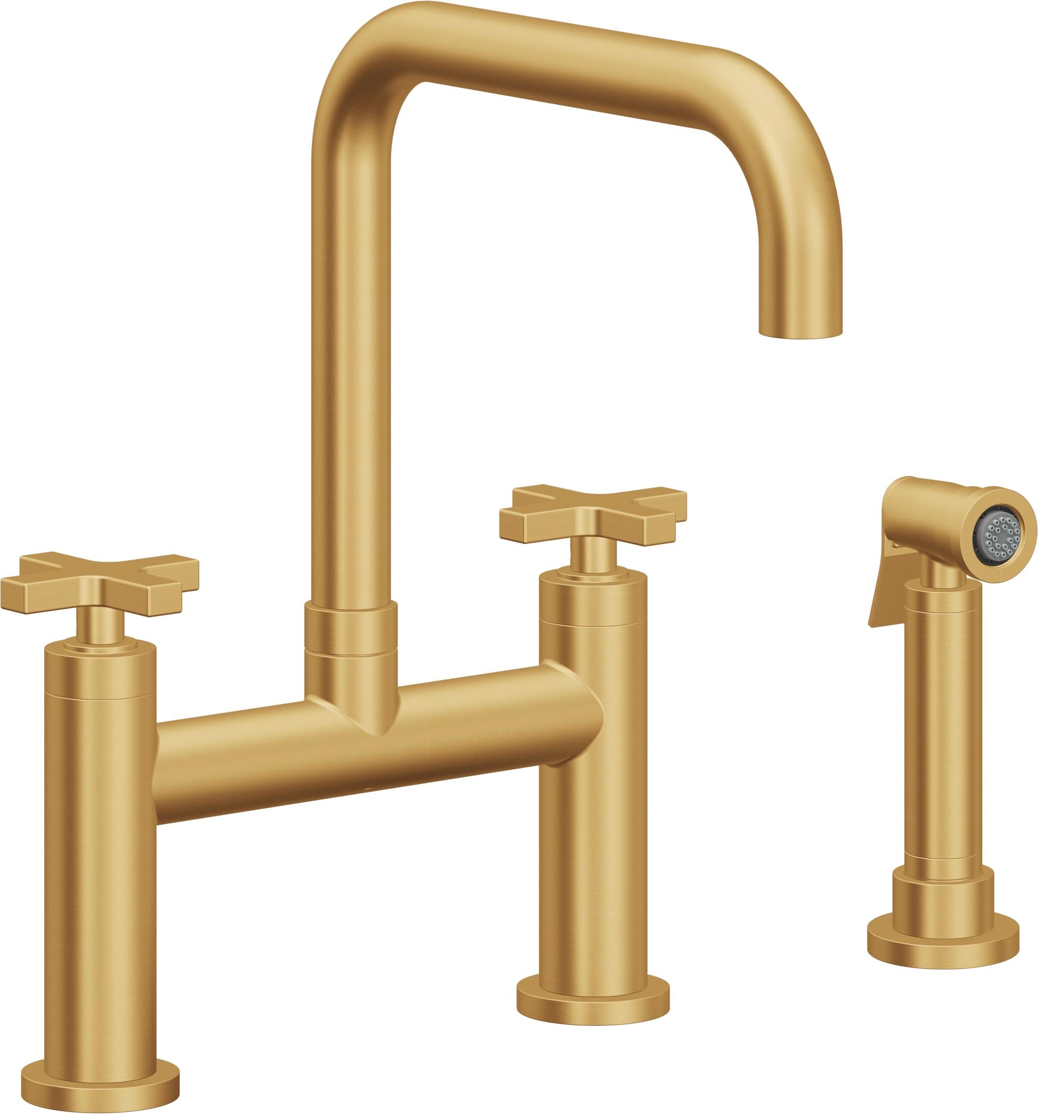 California Faucets Corsano Llave de Cocina Tipo Puente Contemporanea con Rociador Lateral - Pico Cuadruple - Oro Satinado de por Vida