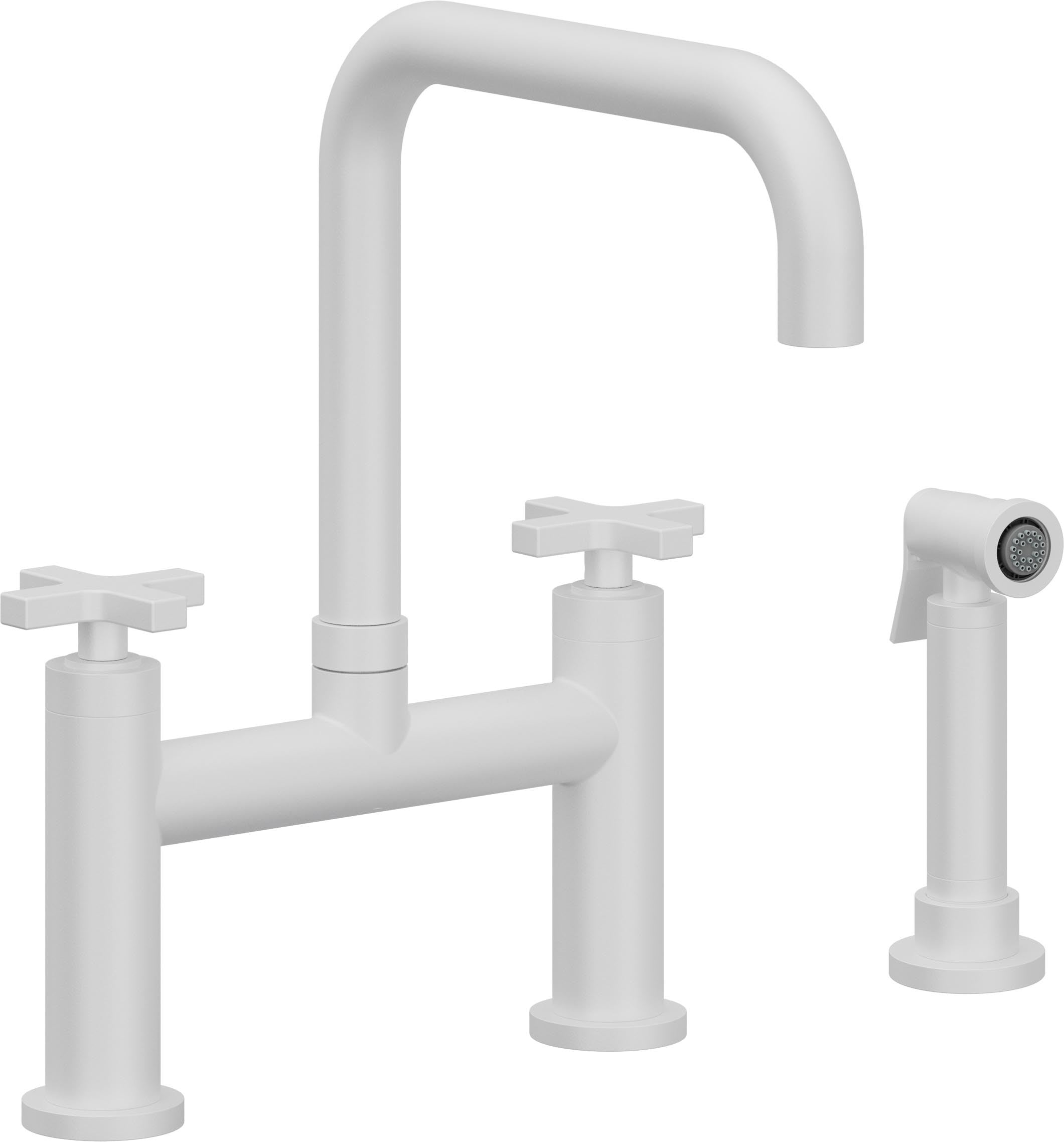 California Faucets Corsano Llave de Cocina Tipo Puente Contemporanea con Rociador Lateral - Pico Cuadruple - Blanco Mate