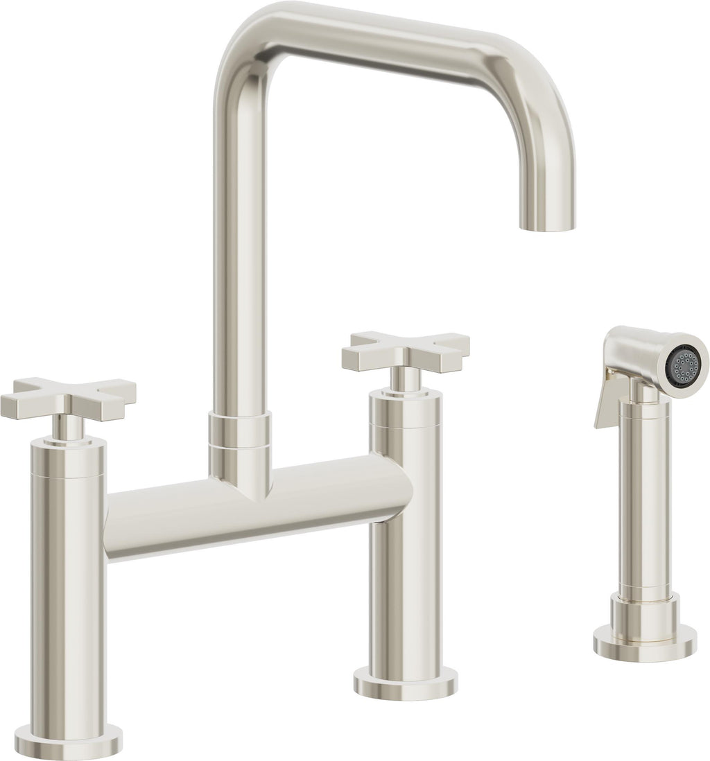 California Faucets Corsano Llave de Cocina Tipo Puente Contemporanea con Rociador Lateral - Pico Cuadruple - Níquel Pulido