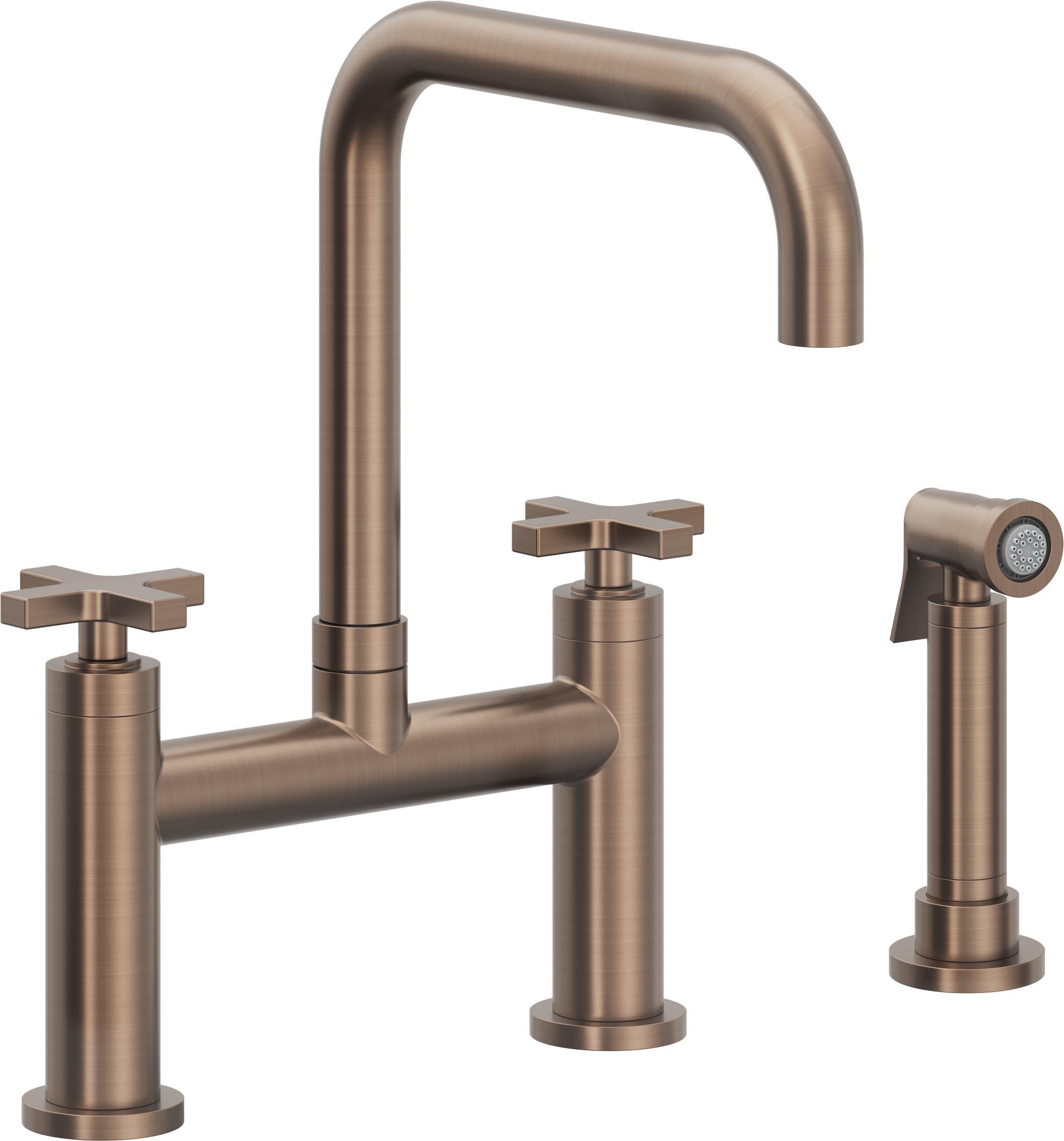 California Faucets Corsano Llave de Cocina Tipo Puente Contemporanea con Rociador Lateral - Pico Cuadruple - Bronce Satinado