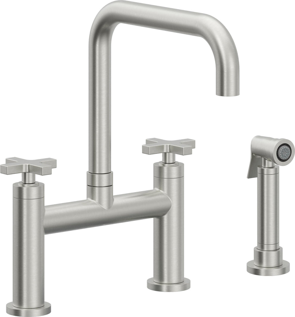 California Faucets Corsano Llave de Cocina Tipo Puente Contemporanea con Rociador Lateral - Pico Cuadruple - Cromo Satinado