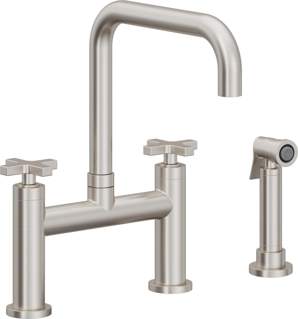 California Faucets Corsano Llave de Cocina Tipo Puente Contemporanea con Rociador Lateral - Pico Cuadruple - Acero Inoxidable Ultra