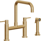 California Faucets Corsano Llave de Cocina Tipo Puente Contemporanea con Rociador Lateral - Pico Cuadruple - Latón Bruñido