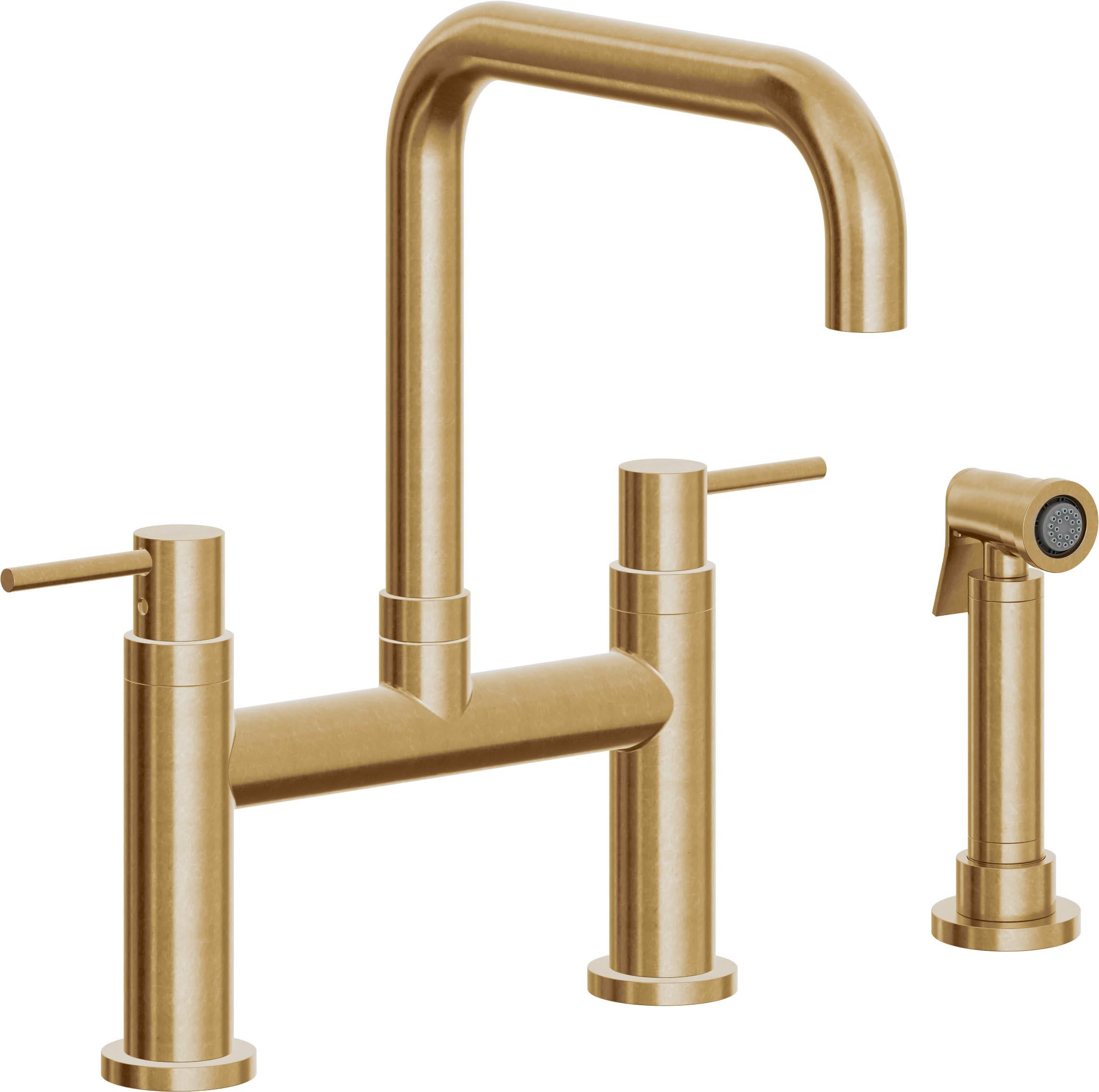 California Faucets Corsano Llave de Cocina Tipo Puente Contemporanea con Rociador Lateral - Pico Cuadruple - Latón Bruñido