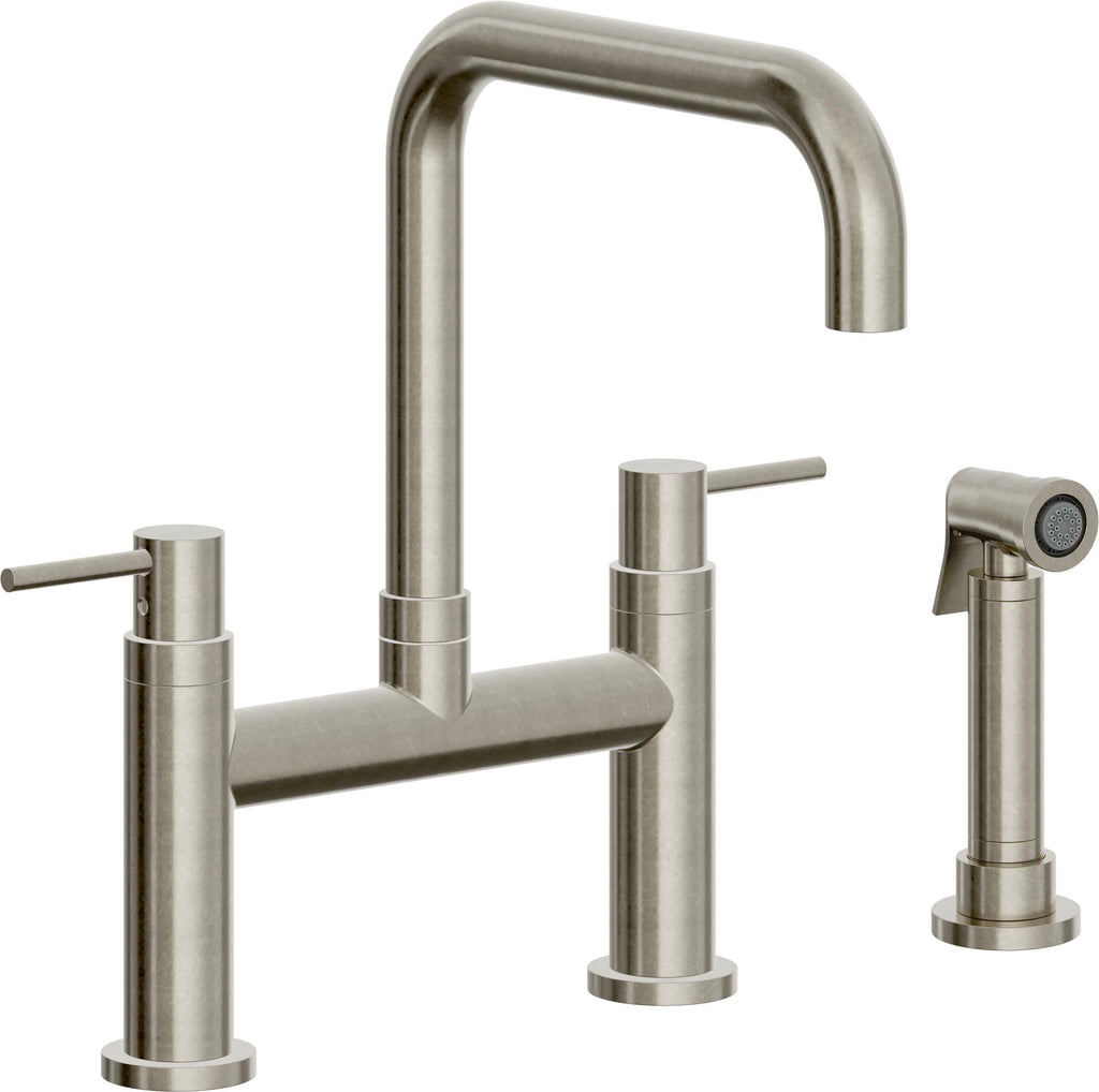 California Faucets Corsano Llave de Cocina Tipo Puente Contemporanea con Rociador Lateral - Pico Cuadruple - Níquel Bruñido