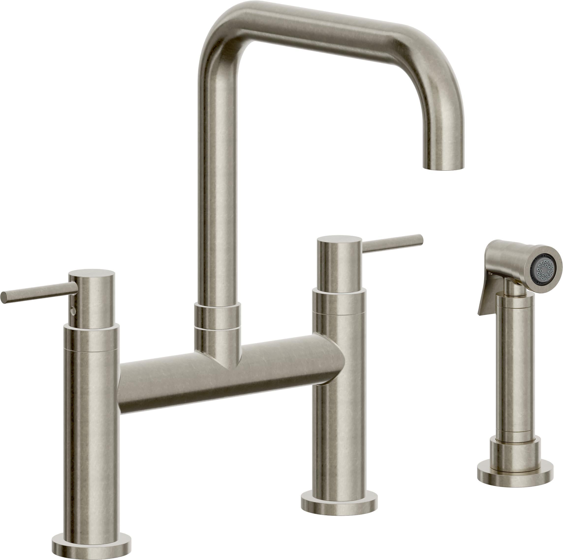 California Faucets Corsano Llave de Cocina Tipo Puente Contemporanea con Rociador Lateral - Pico Cuadruple - Níquel Bruñido