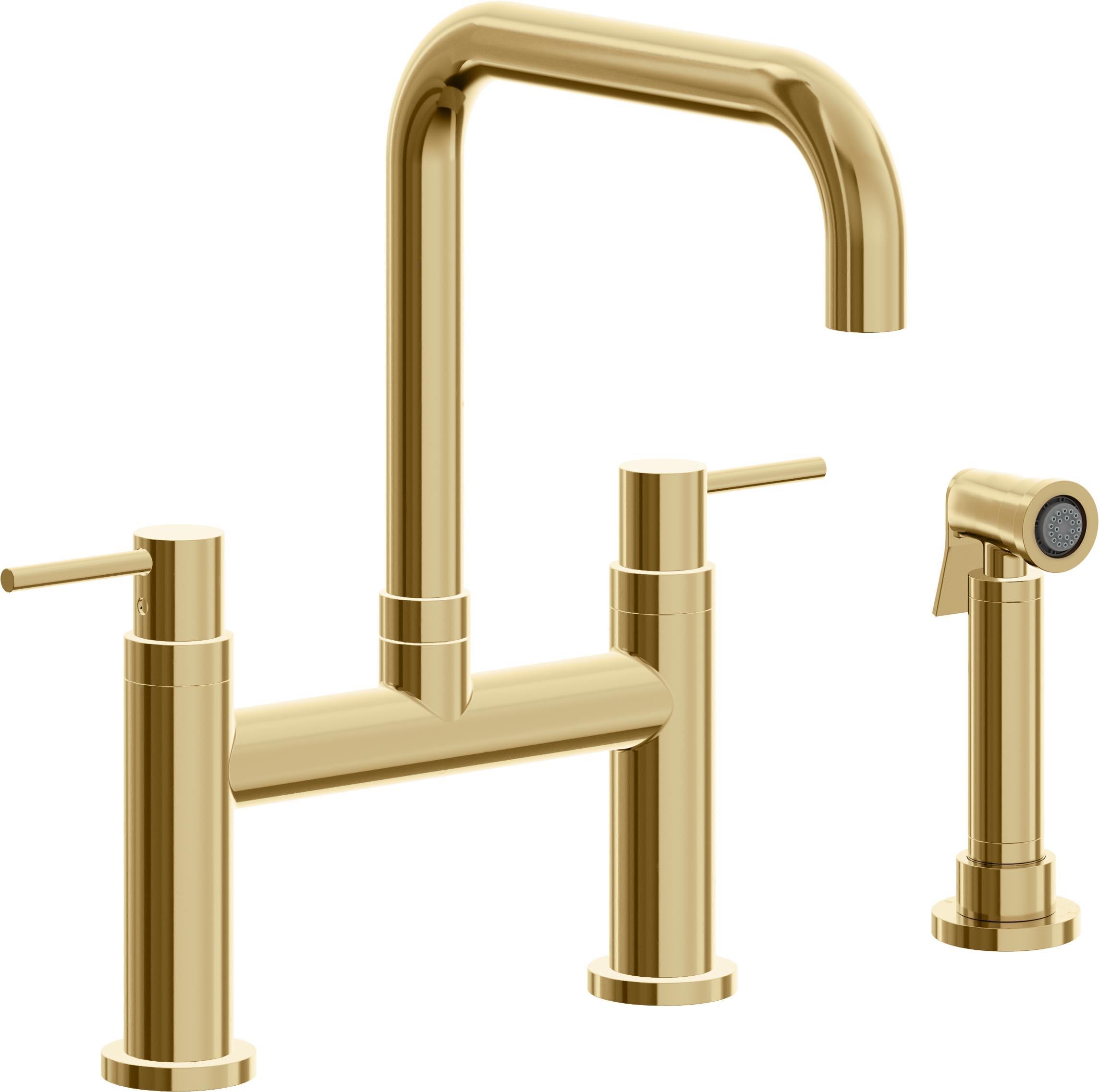 California Faucets Corsano Llave de Cocina Tipo Puente Contemporanea con Rociador Lateral - Pico Cuadruple - Oro Francés