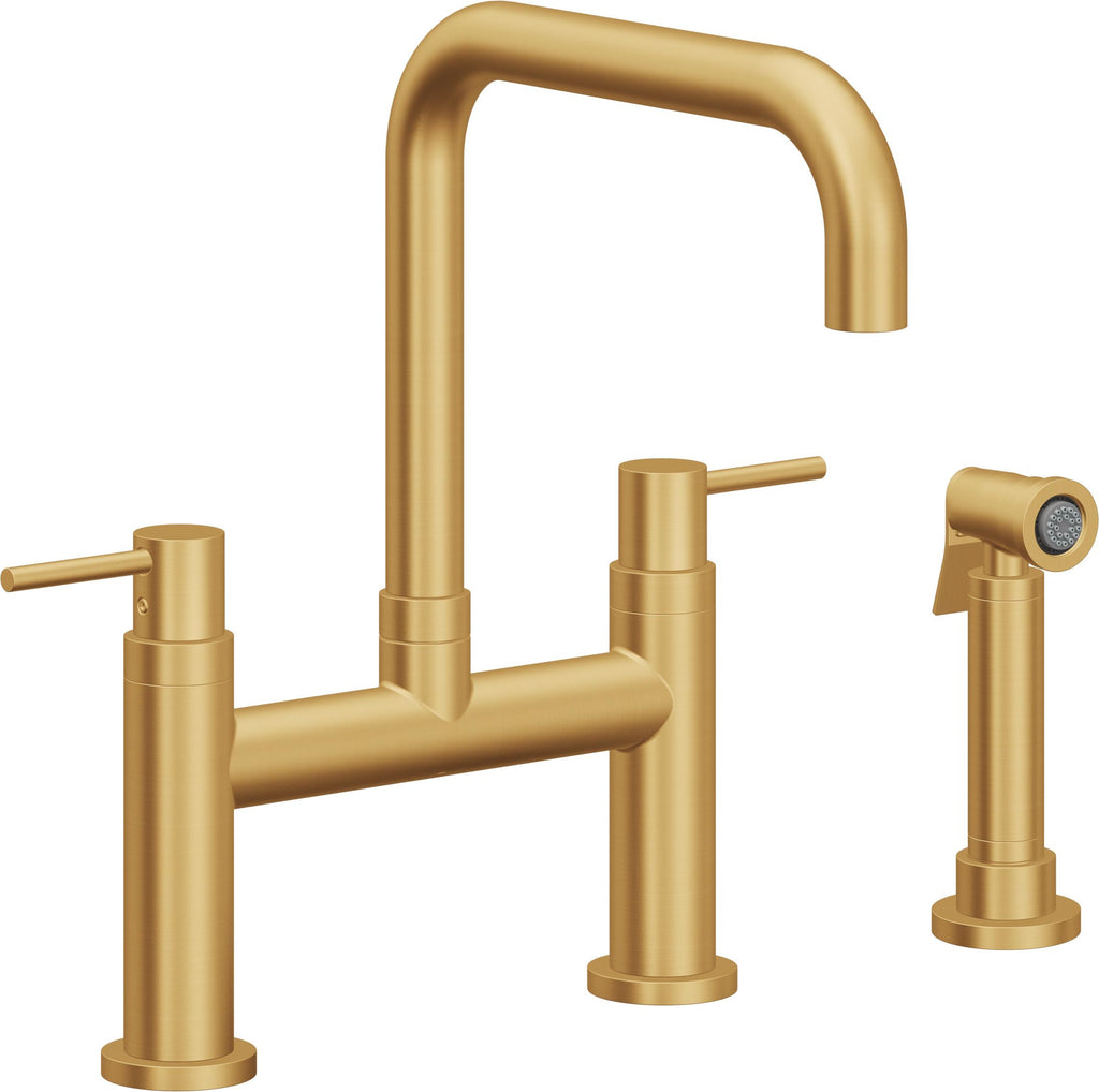 California Faucets Corsano Llave de Cocina Tipo Puente Contemporanea con Rociador Lateral - Pico Cuadruple - Oro Satinado de por Vida
