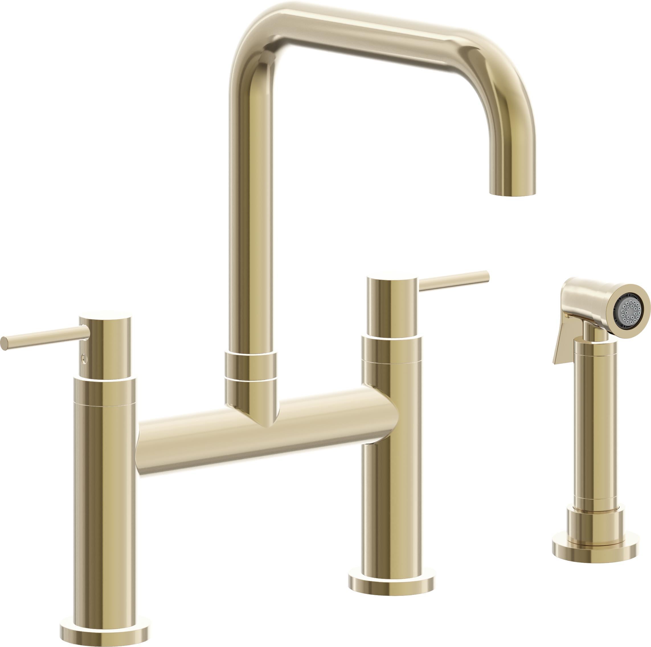 California Faucets Corsano Llave de Cocina Tipo Puente Contemporanea con Rociador Lateral - Pico Cuadruple - Latón Pulido