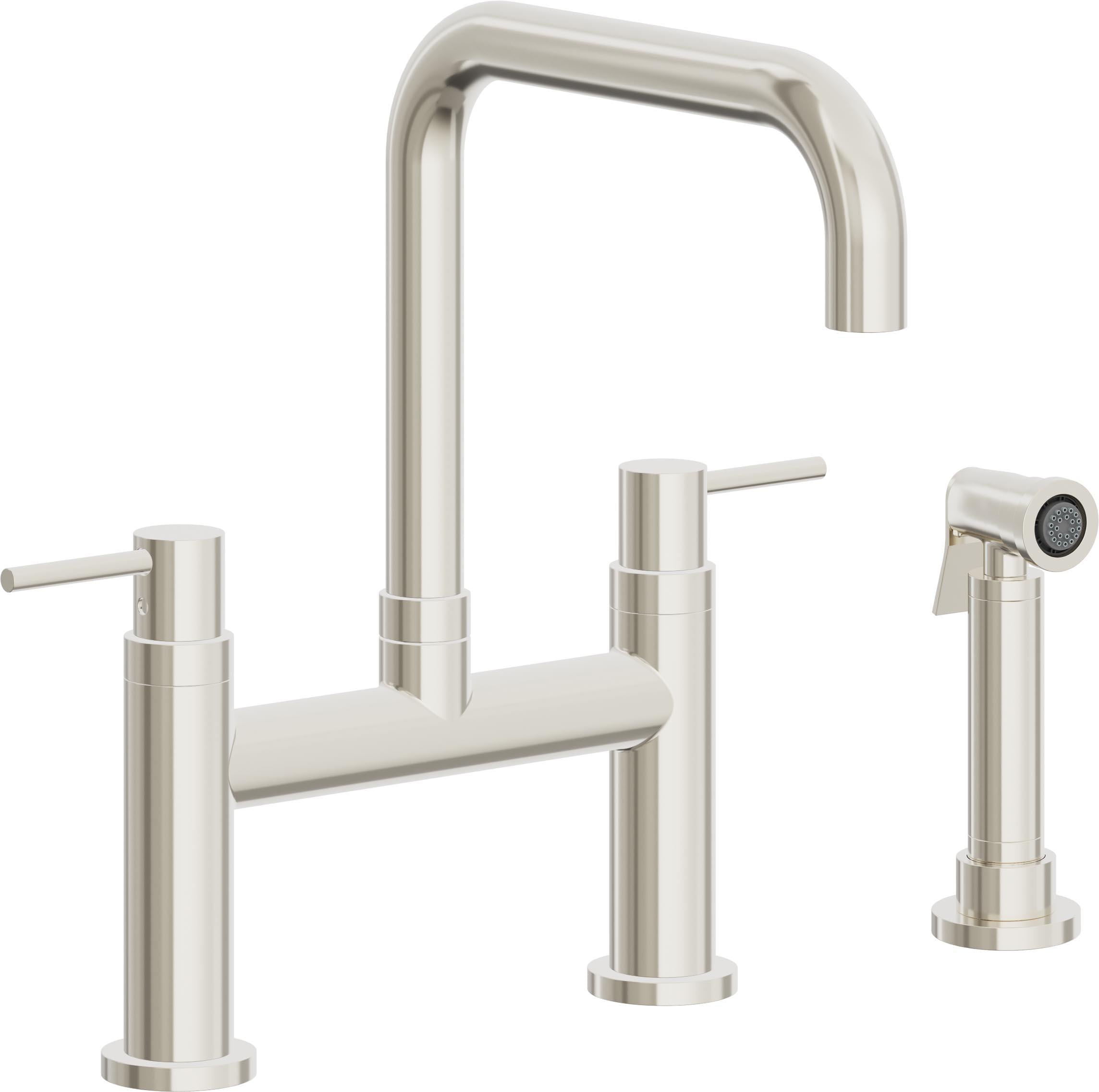 California Faucets Corsano Llave de Cocina Tipo Puente Contemporanea con Rociador Lateral - Pico Cuadruple - Níquel Pulido
