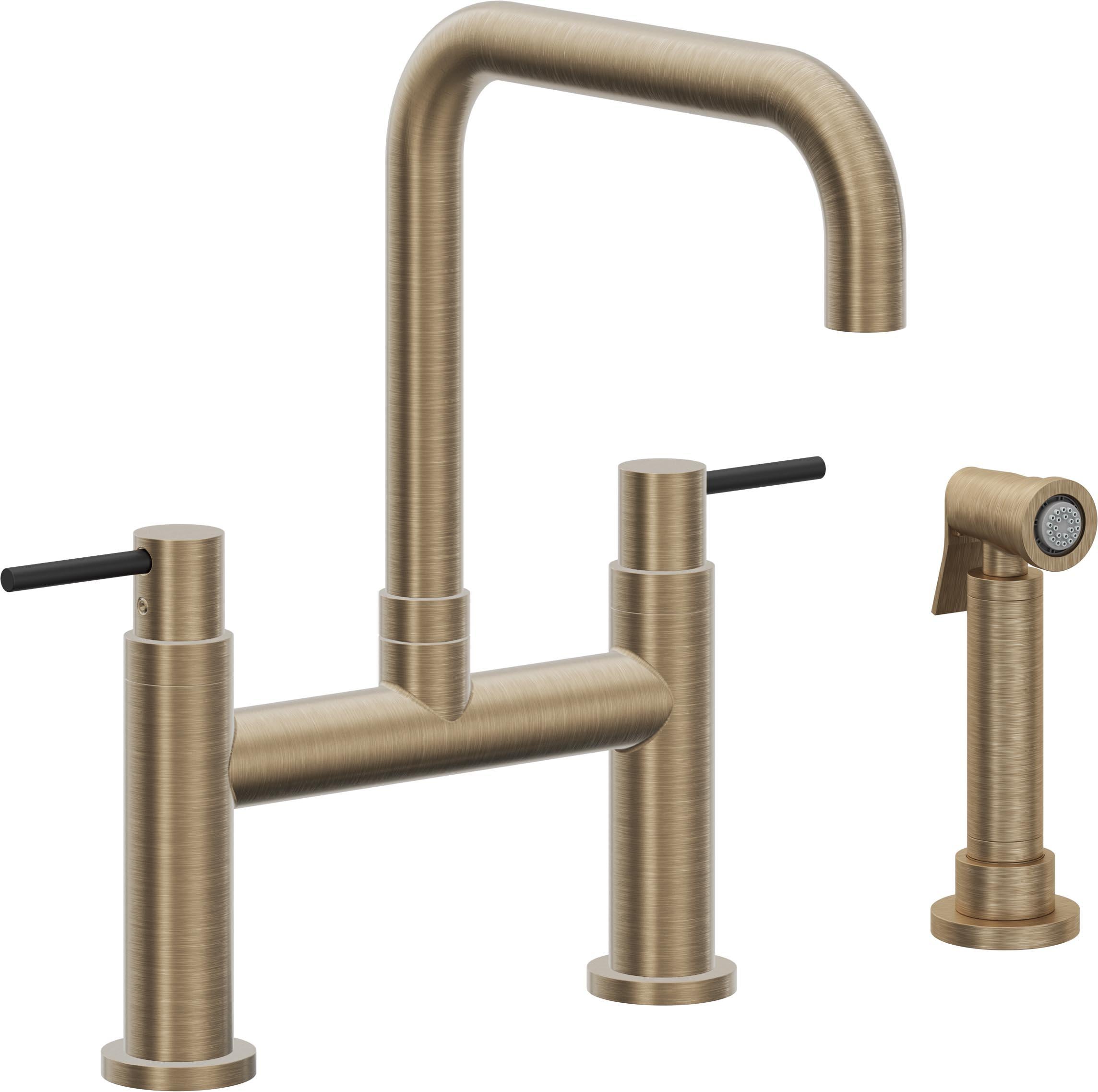 California Faucets Corsano Llave de Cocina Tipo Puente Contemporanea con Rociador Lateral - Pico Cuadruple - Latón Antiguo Mate
