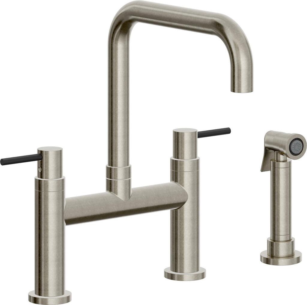 California Faucets Corsano Llave de Cocina Tipo Puente Contemporanea con Rociador Lateral - Pico Cuadruple - Níquel Bruñido