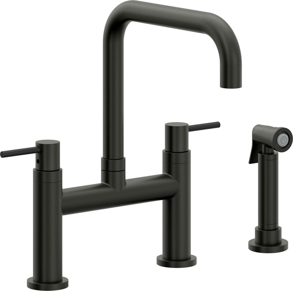 California Faucets Corsano Llave de Cocina Tipo Puente Contemporanea con Rociador Lateral - Pico Cuadruple - Bronce Bella Terra