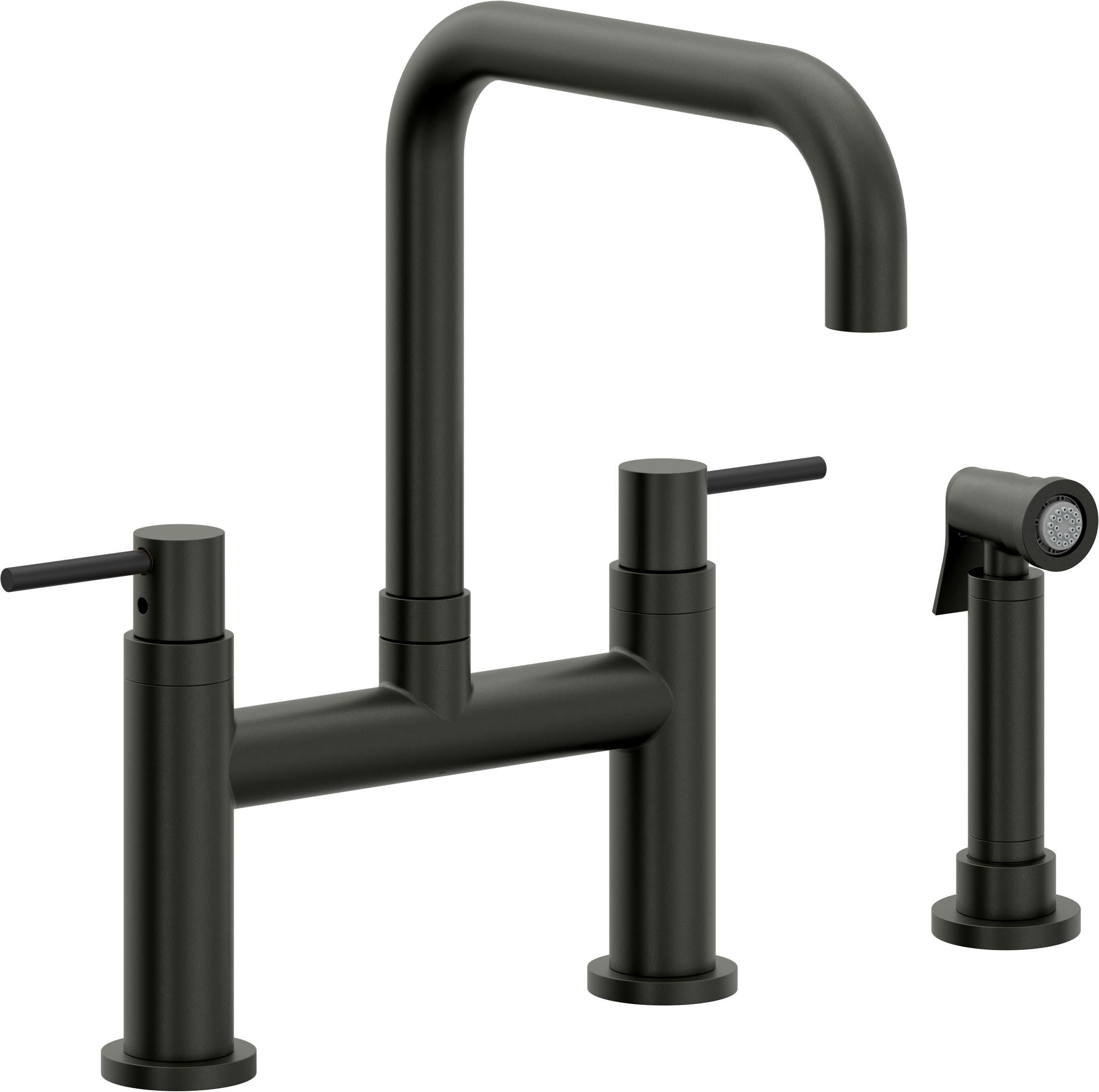 California Faucets Corsano Llave de Cocina Tipo Puente Contemporanea con Rociador Lateral - Pico Cuadruple - Bronce Bella Terra