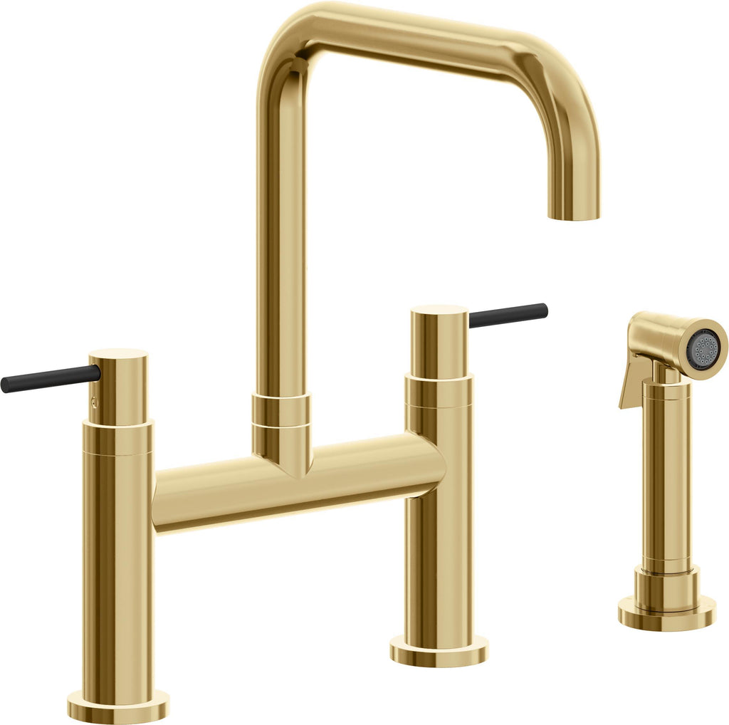 California Faucets Corsano Llave de Cocina Tipo Puente Contemporanea con Rociador Lateral - Pico Cuadruple - Oro Francés