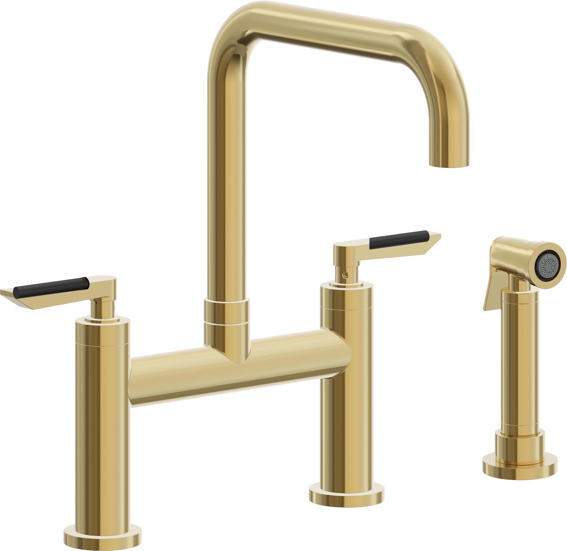 California Faucets Corsano Llave de Cocina Tipo Puente Contemporanea con Rociador Lateral - Pico Cuadruple - Oro Pulido de por Vida