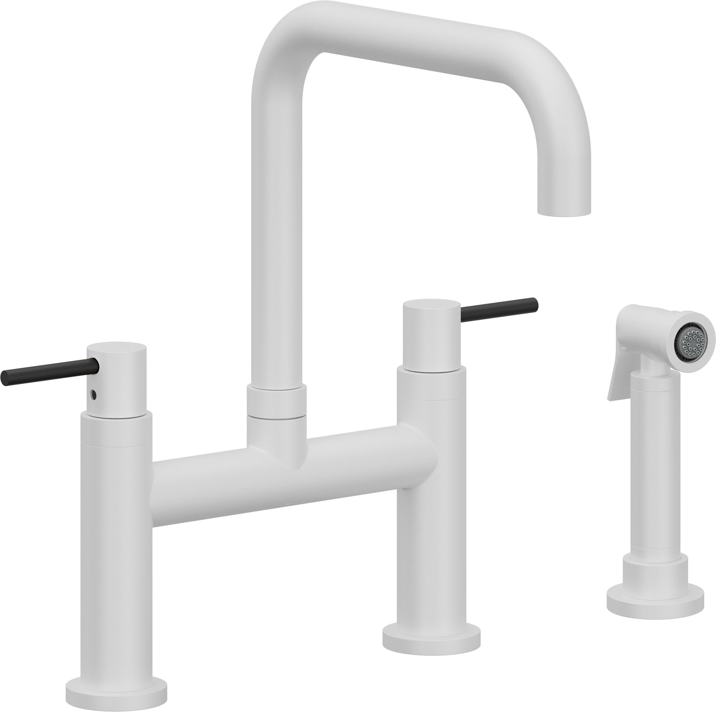 California Faucets Corsano Llave de Cocina Tipo Puente Contemporanea con Rociador Lateral - Pico Cuadruple - Blanco Mate