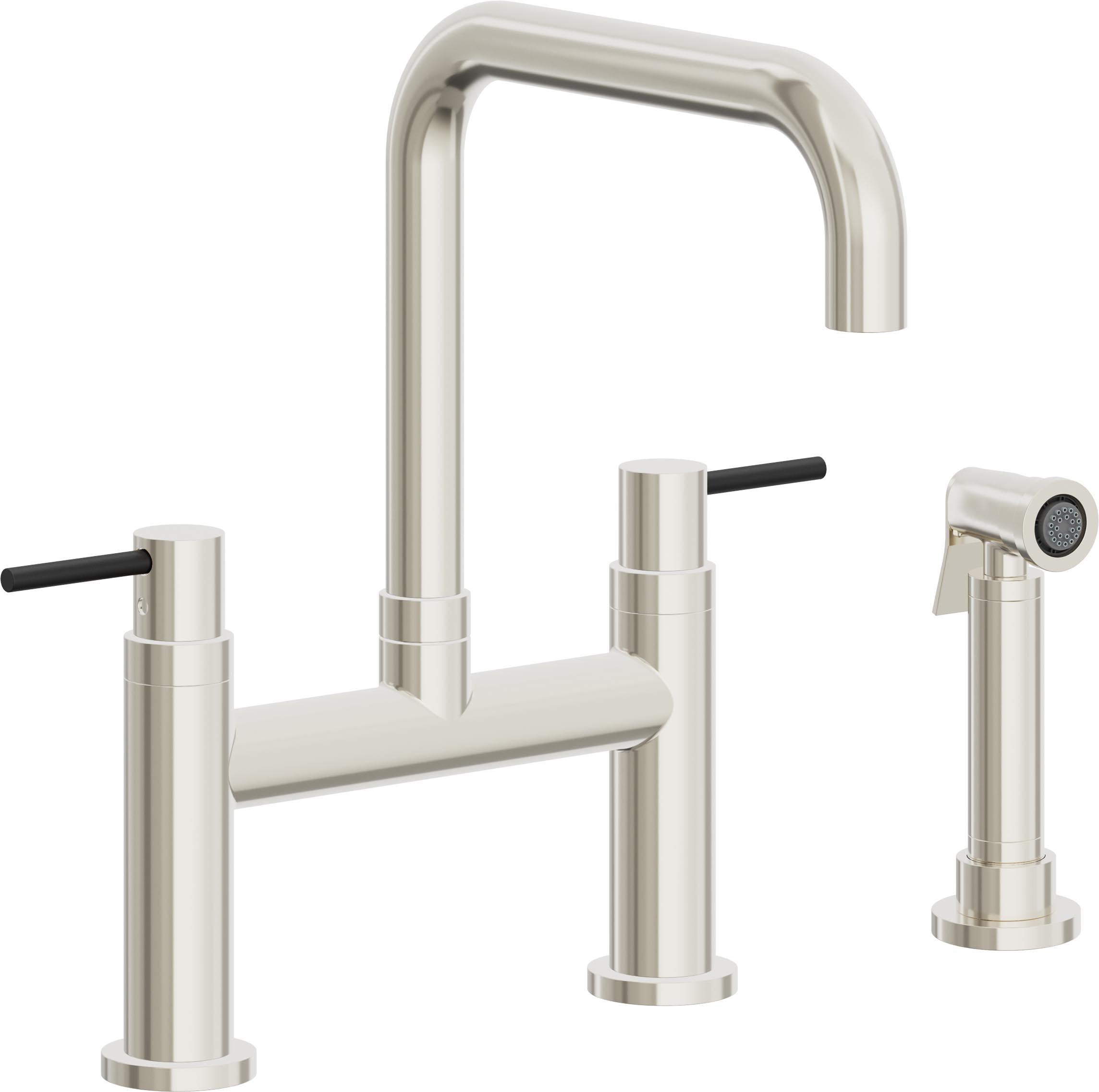 California Faucets Corsano Llave de Cocina Tipo Puente Contemporanea con Rociador Lateral - Pico Cuadruple - Níquel Pulido