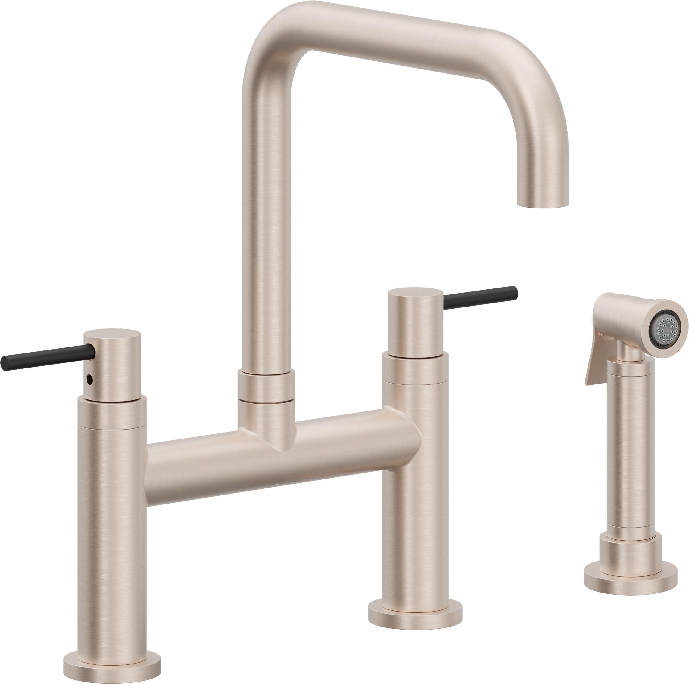 California Faucets Corsano Llave de Cocina Tipo Puente Contemporanea con Rociador Lateral - Pico Cuadruple - Níquel Satinado