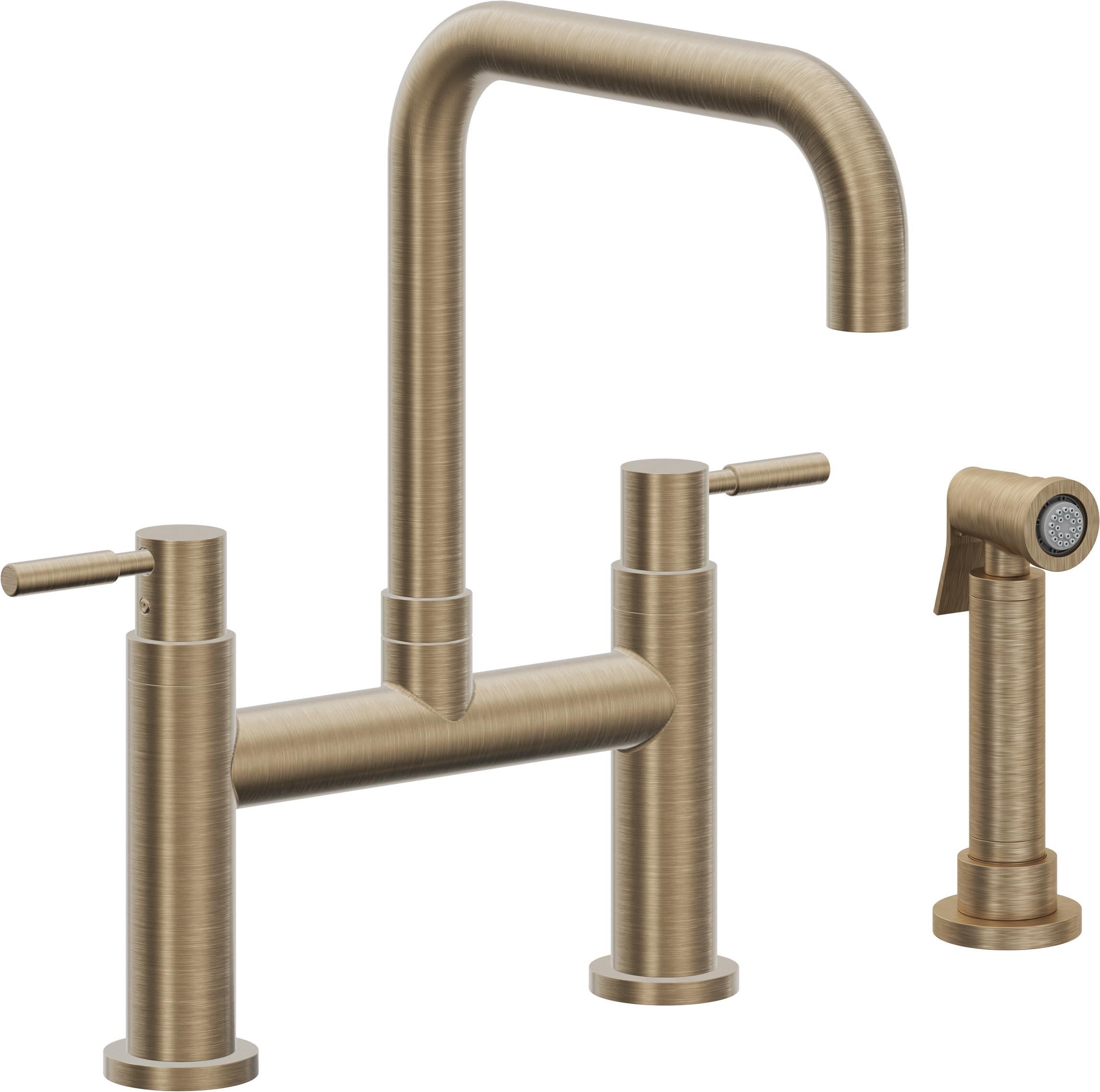 California Faucets Corsano Llave de Cocina Tipo Puente Contemporanea con Rociador Lateral - Pico Cuadruple - Latón Antiguo Mate