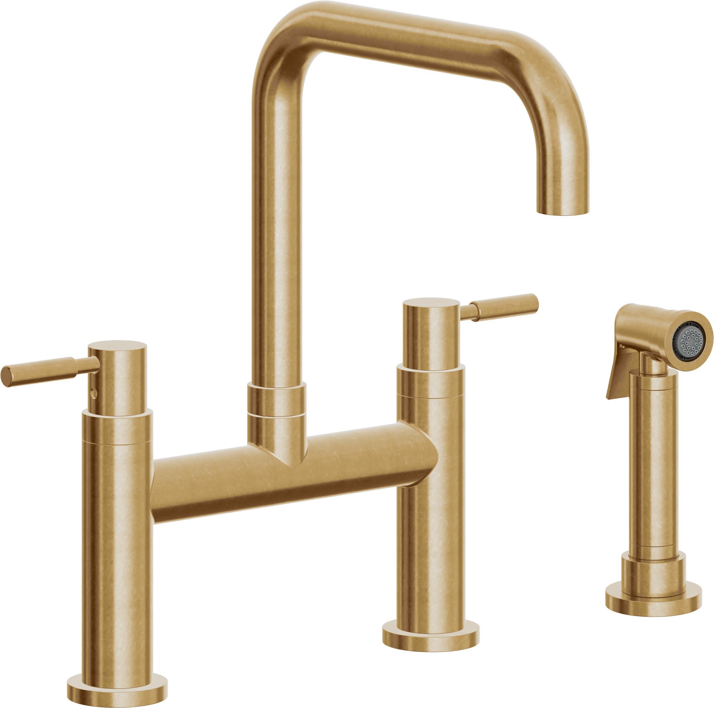 California Faucets Corsano Llave de Cocina Tipo Puente Contemporanea con Rociador Lateral - Pico Cuadruple - Latón Bruñido