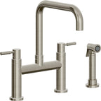 California Faucets Corsano Llave de Cocina Tipo Puente Contemporanea con Rociador Lateral - Pico Cuadruple - Níquel Bruñido
