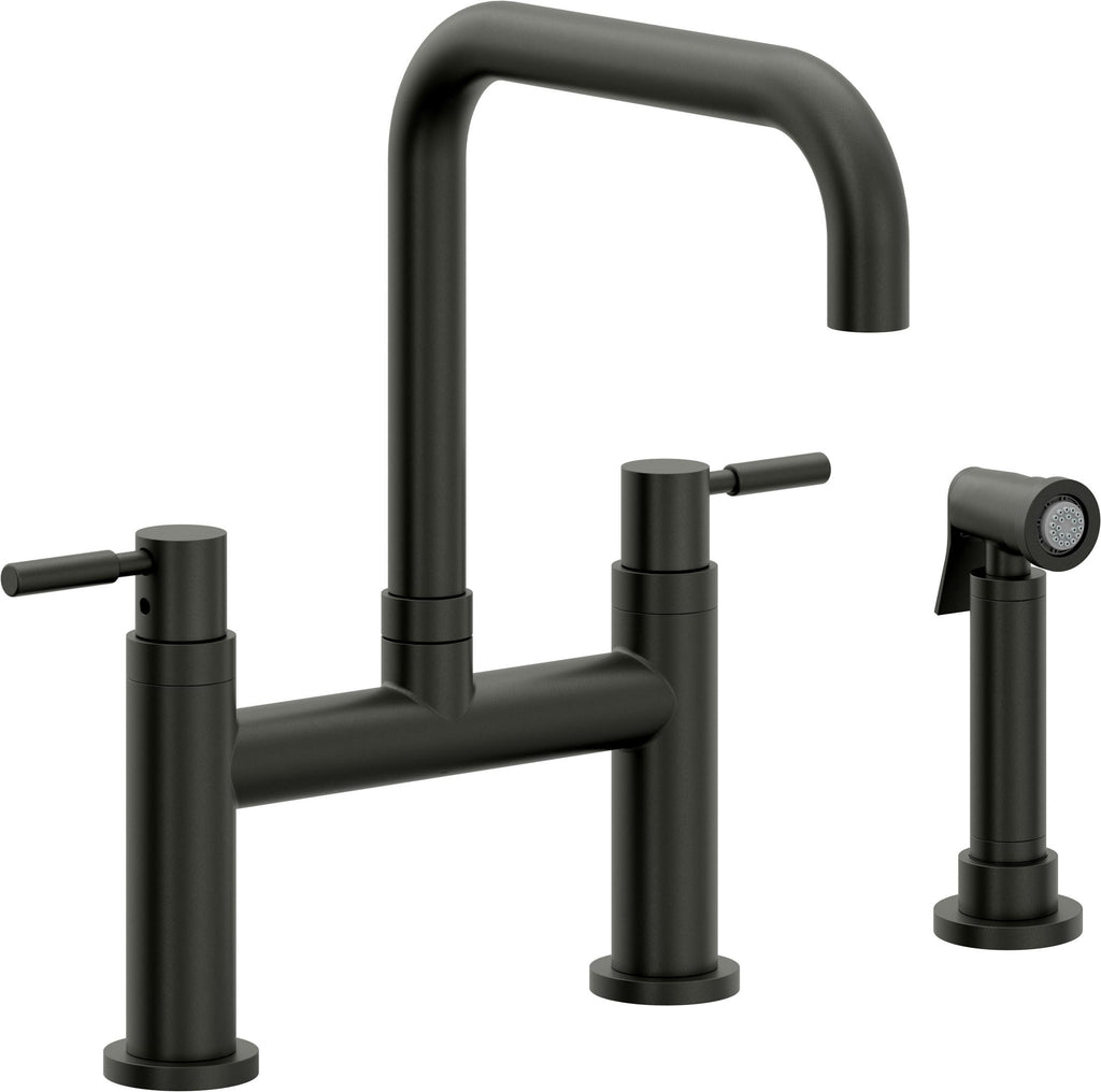 California Faucets Corsano Llave de Cocina Tipo Puente Contemporanea con Rociador Lateral - Pico Cuadruple - Bronce Bella Terra