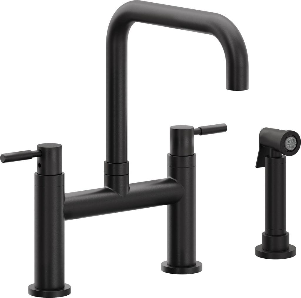 California Faucets Corsano Llave de Cocina Tipo Puente Contemporanea con Rociador Lateral - Pico Cuadruple - Negro Mate