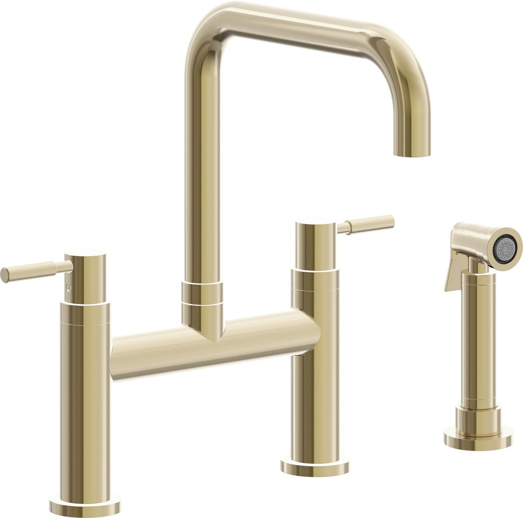 California Faucets Corsano Llave de Cocina Tipo Puente Contemporanea con Rociador Lateral - Pico Cuadruple - Latón Pulido