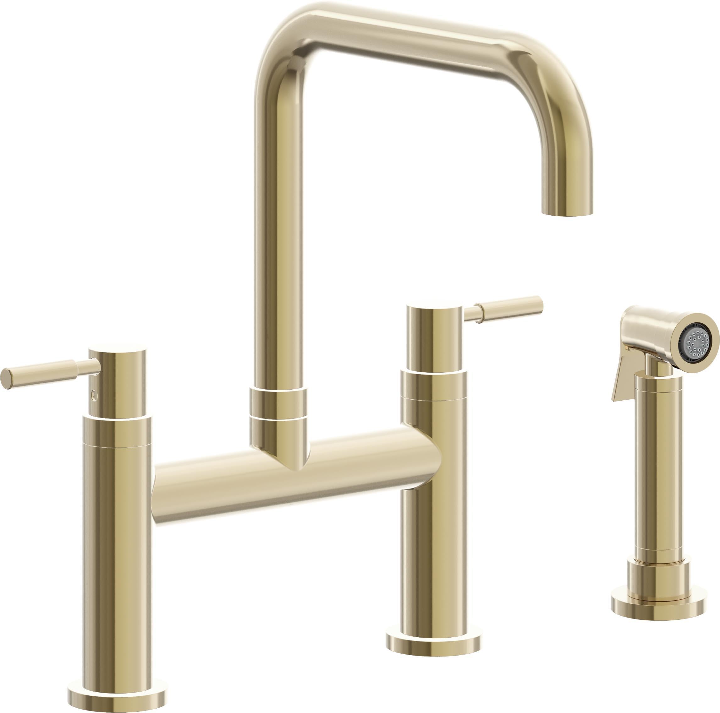California Faucets Corsano Llave de Cocina Tipo Puente Contemporanea con Rociador Lateral - Pico Cuadruple - Latón Pulido