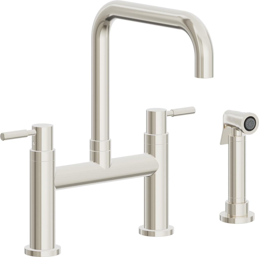 California Faucets Corsano Llave de Cocina Tipo Puente Contemporanea con Rociador Lateral - Pico Cuadruple - Níquel Pulido
