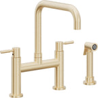 California Faucets Corsano Llave de Cocina Tipo Puente Contemporanea con Rociador Lateral - Pico Cuadruple - Latón Satinado