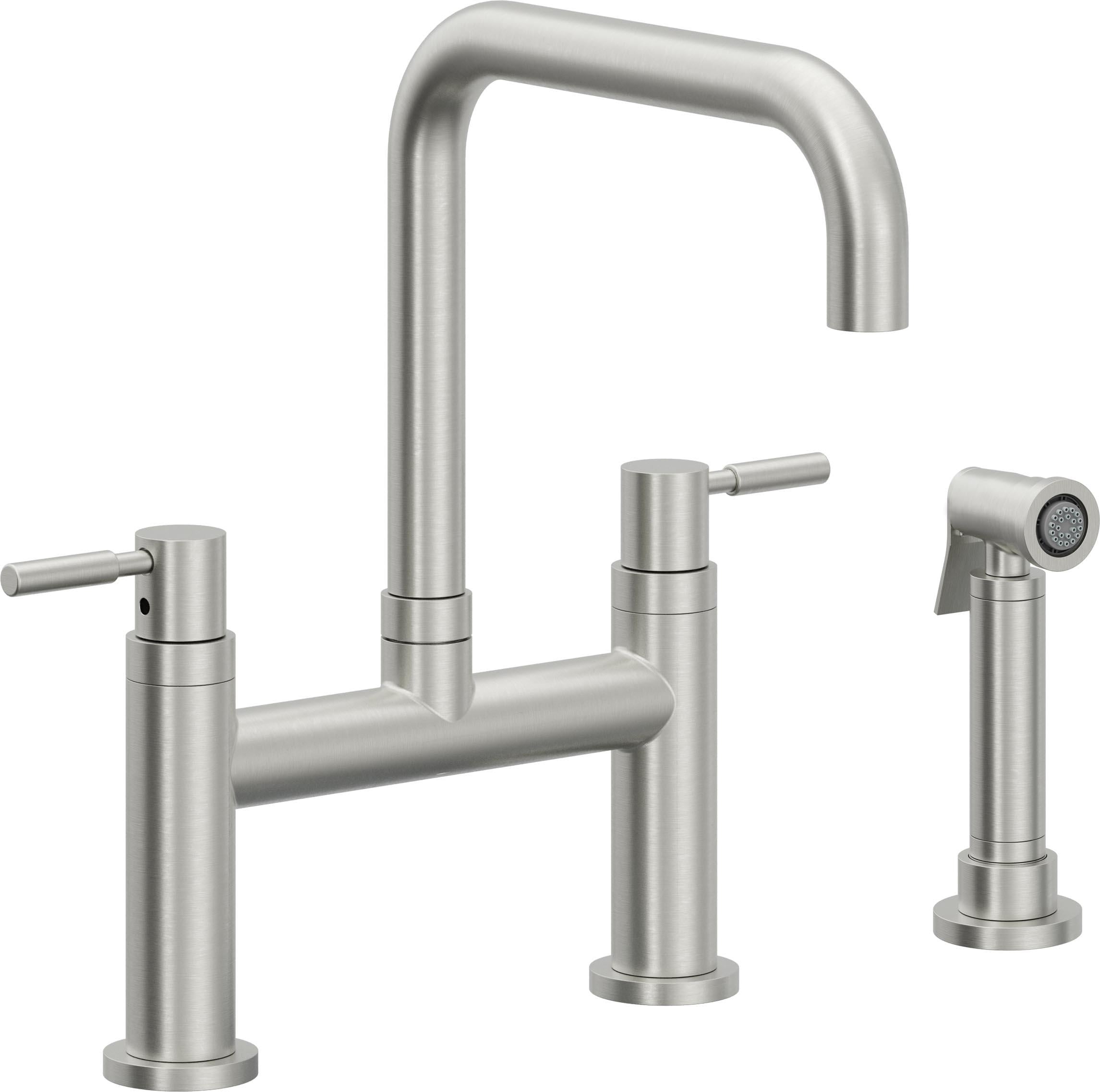 California Faucets Corsano Llave de Cocina Tipo Puente Contemporanea con Rociador Lateral - Pico Cuadruple - Cromo Satinado