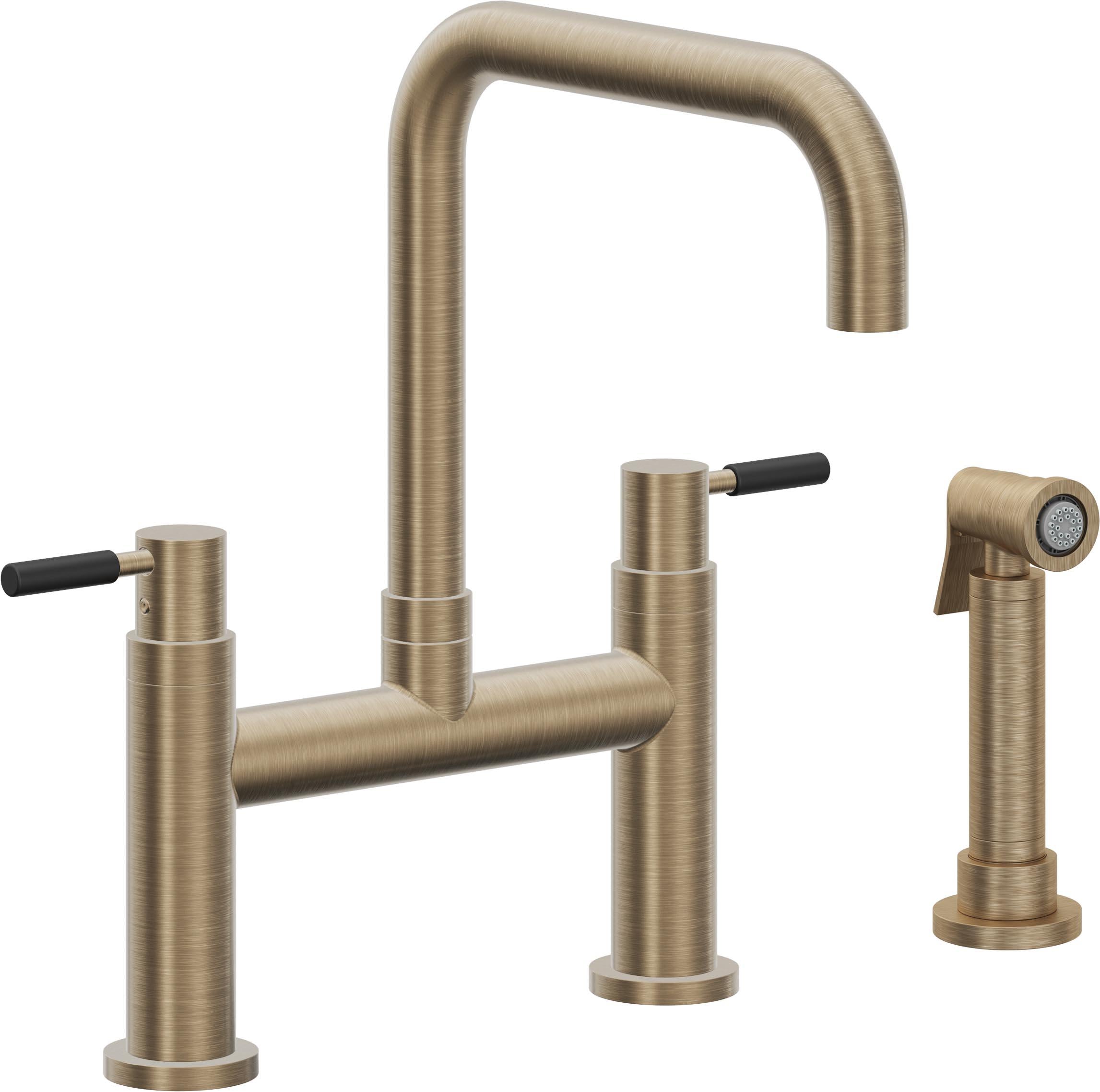 California Faucets Corsano Llave de Cocina Tipo Puente Contemporanea con Rociador Lateral - Pico Cuadruple - Latón Antiguo Mate