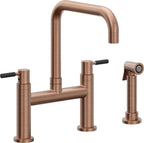 California Faucets Corsano Llave de Cocina Tipo Puente Contemporanea con Rociador Lateral - Pico Cuadruple - Cobre Antiguo Mate