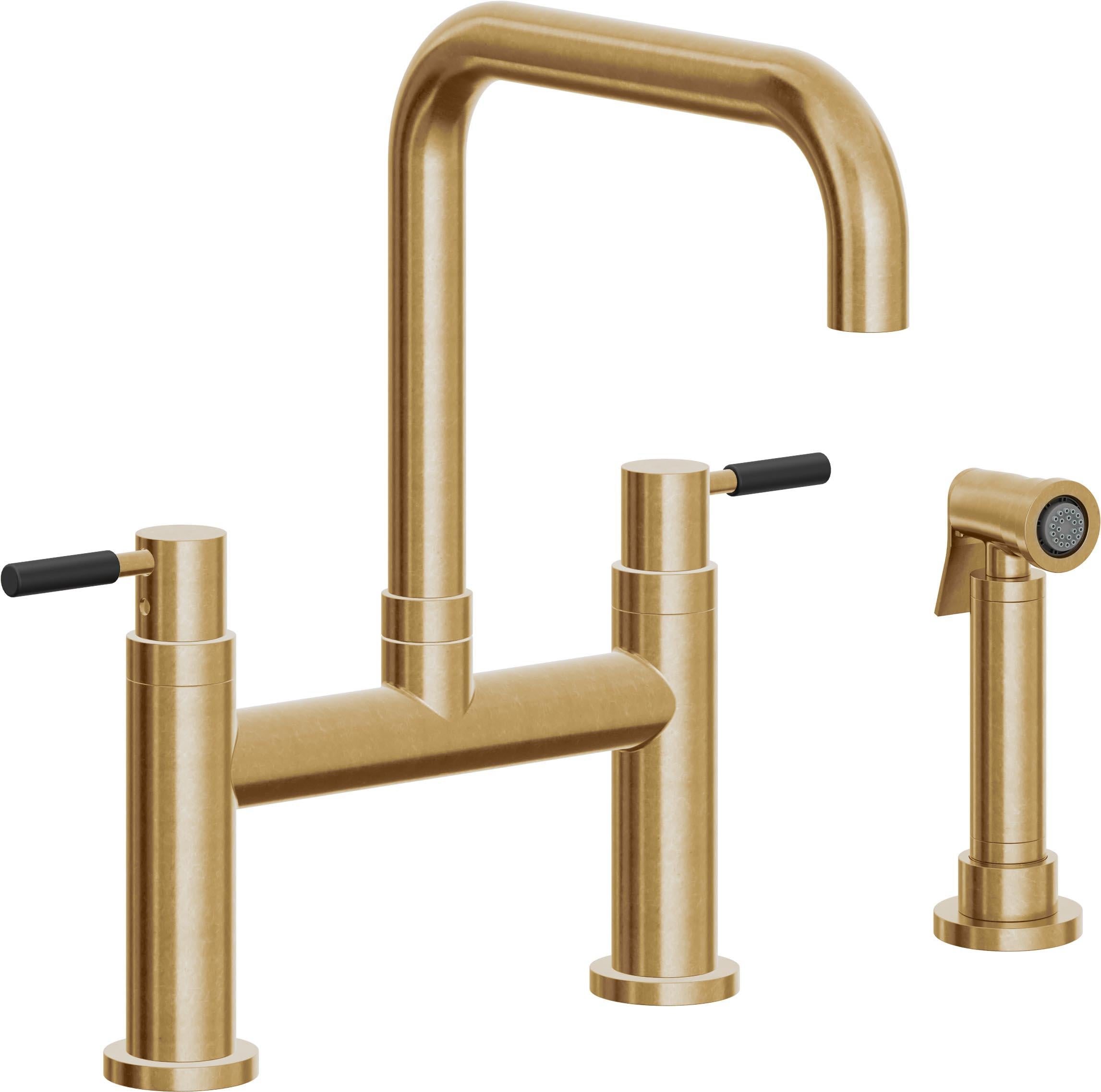 California Faucets Corsano Llave de Cocina Tipo Puente Contemporanea con Rociador Lateral - Pico Cuadruple - Latón Bruñido