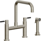 California Faucets Corsano Llave de Cocina Tipo Puente Contemporanea con Rociador Lateral - Pico Cuadruple - Níquel Bruñido