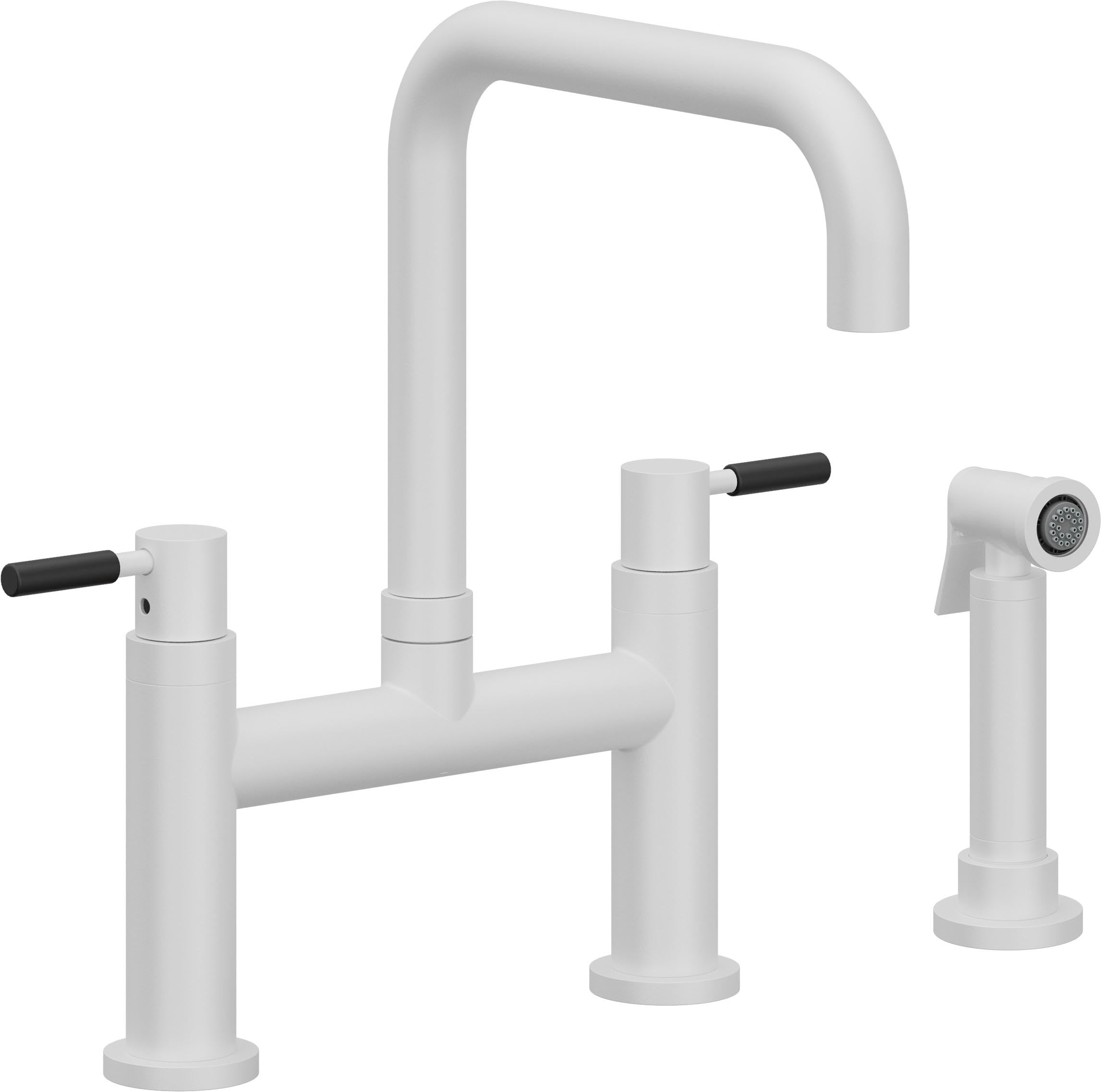 California Faucets Corsano Llave de Cocina Tipo Puente Contemporanea con Rociador Lateral - Pico Cuadruple - Blanco Mate