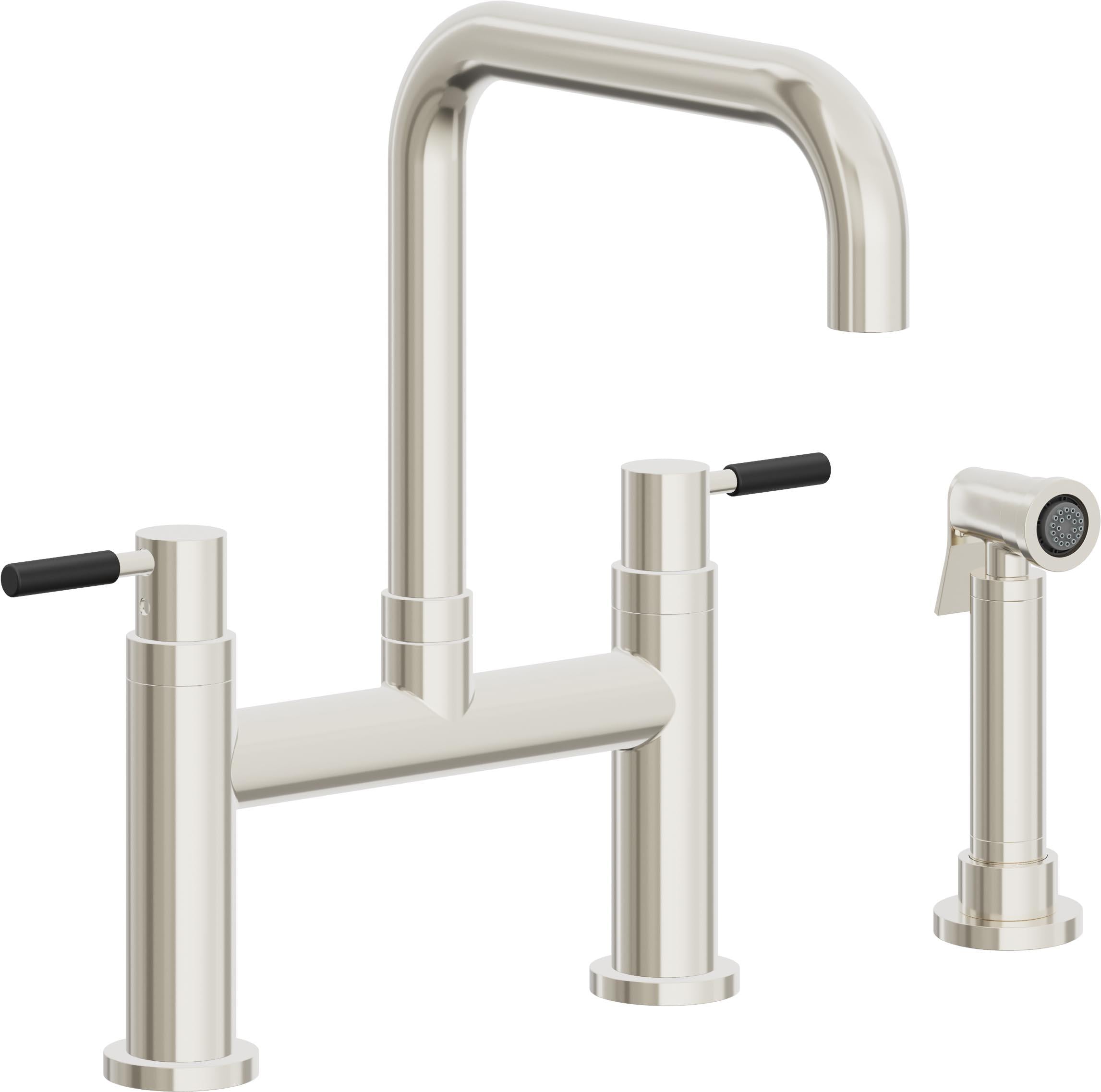 California Faucets Corsano Llave de Cocina Tipo Puente Contemporanea con Rociador Lateral - Pico Cuadruple - Níquel Pulido