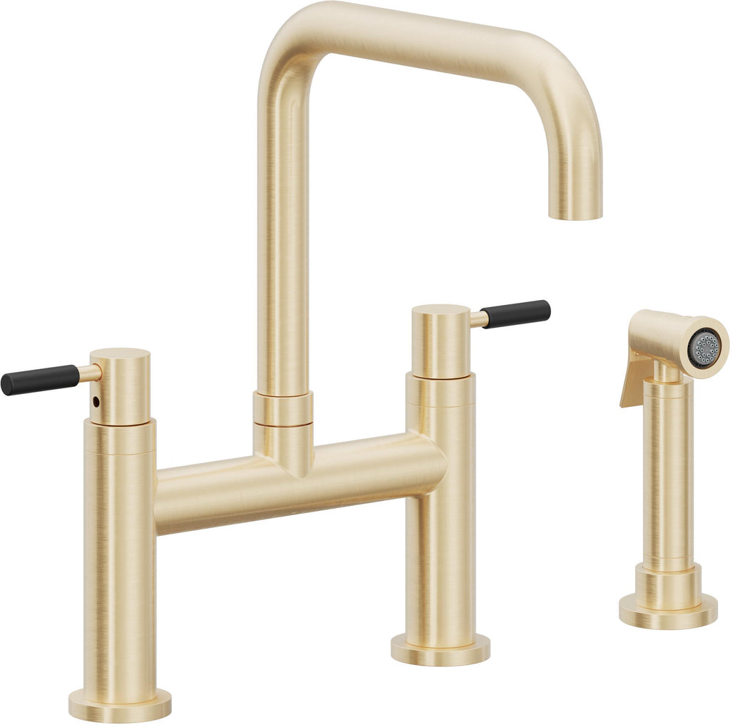 California Faucets Corsano Llave de Cocina Tipo Puente Contemporanea con Rociador Lateral - Pico Cuadruple - Latón Satinado
