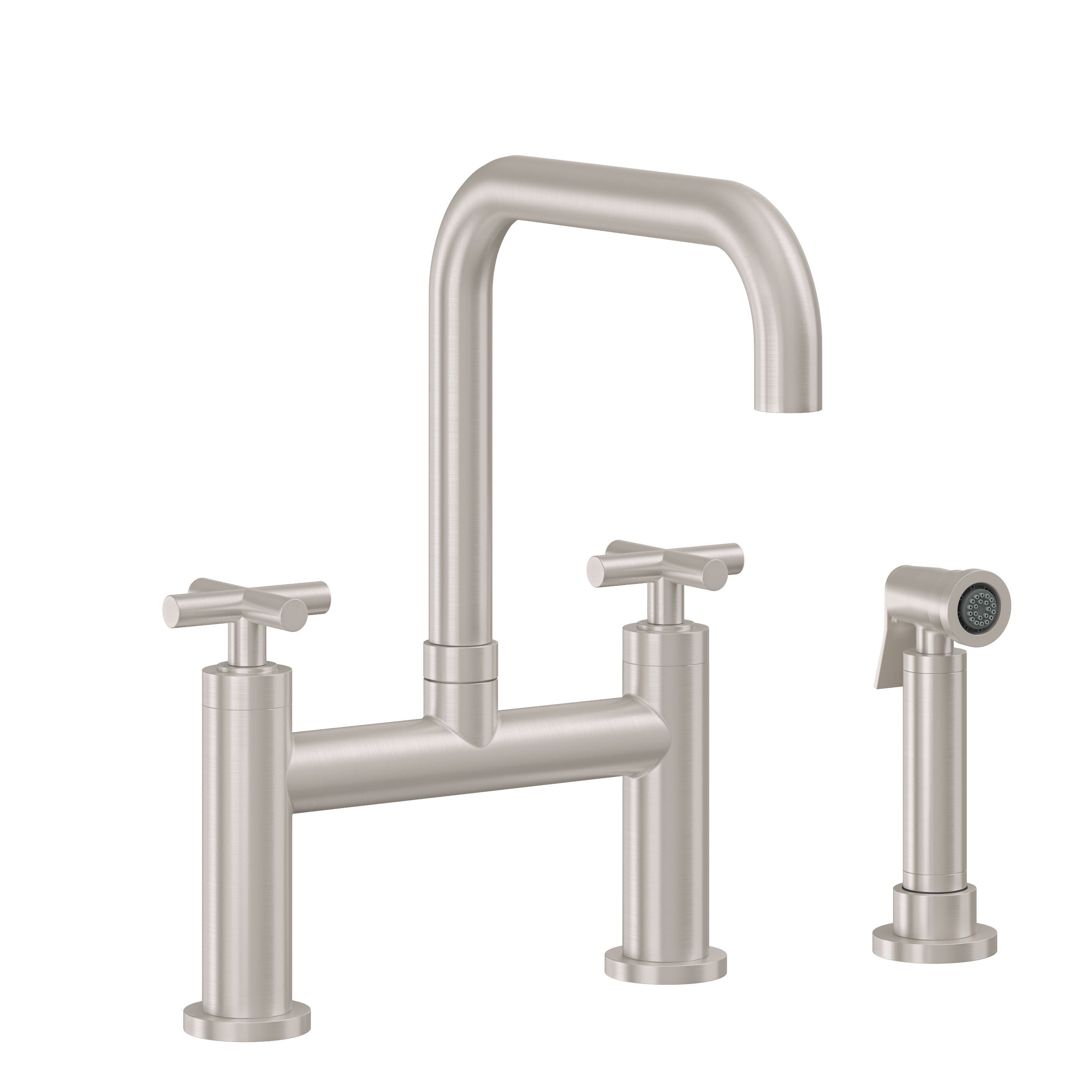 California Faucets Corsano Llave de Cocina Tipo Puente Contemporanea con Rociador Lateral - Pico Cuadruple - Níquel Satinado