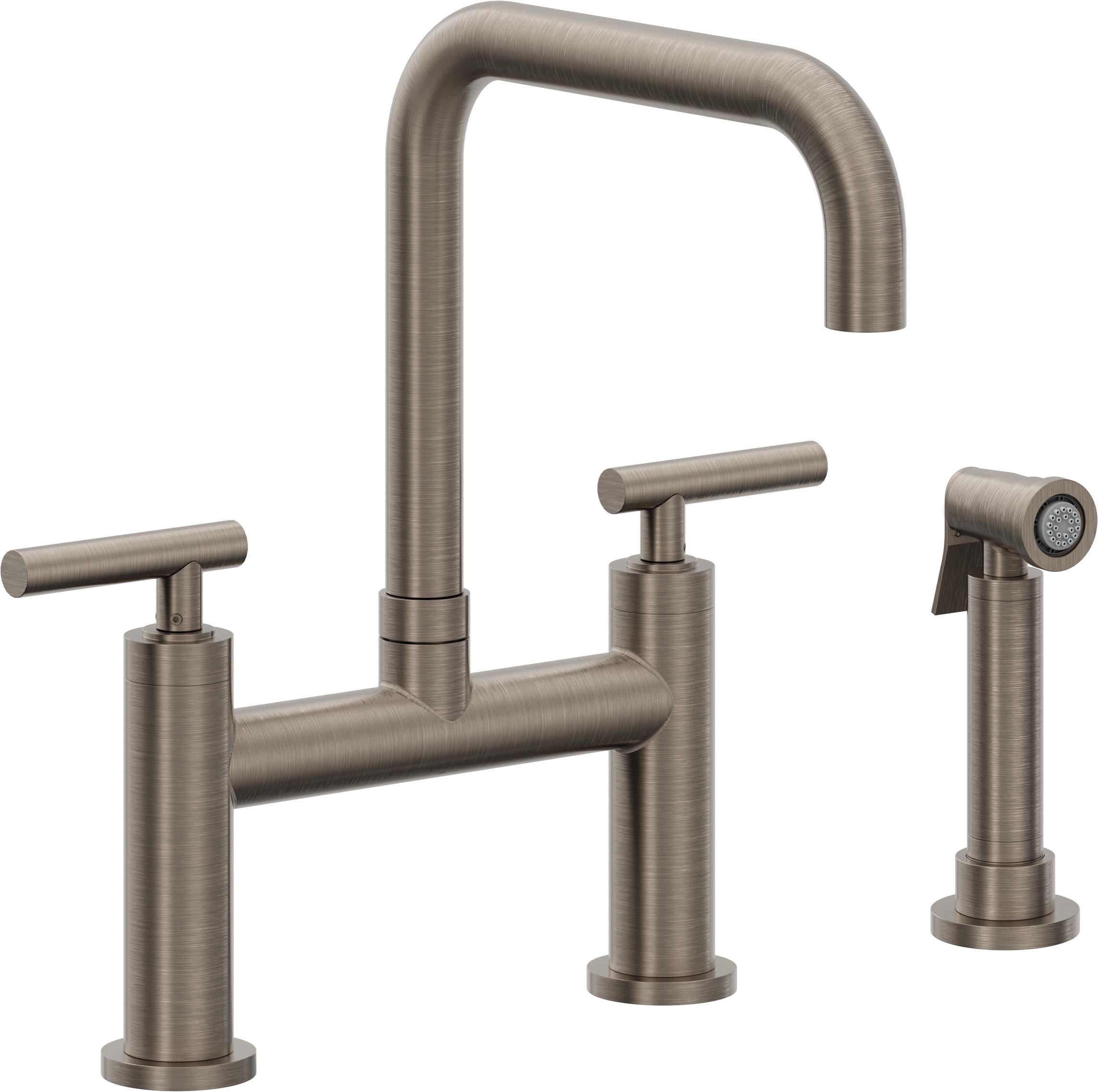 California Faucets Corsano Llave de Cocina Tipo Puente Contemporanea con Rociador Lateral - Pico Cuadruple - Níquel Antiguo Mate