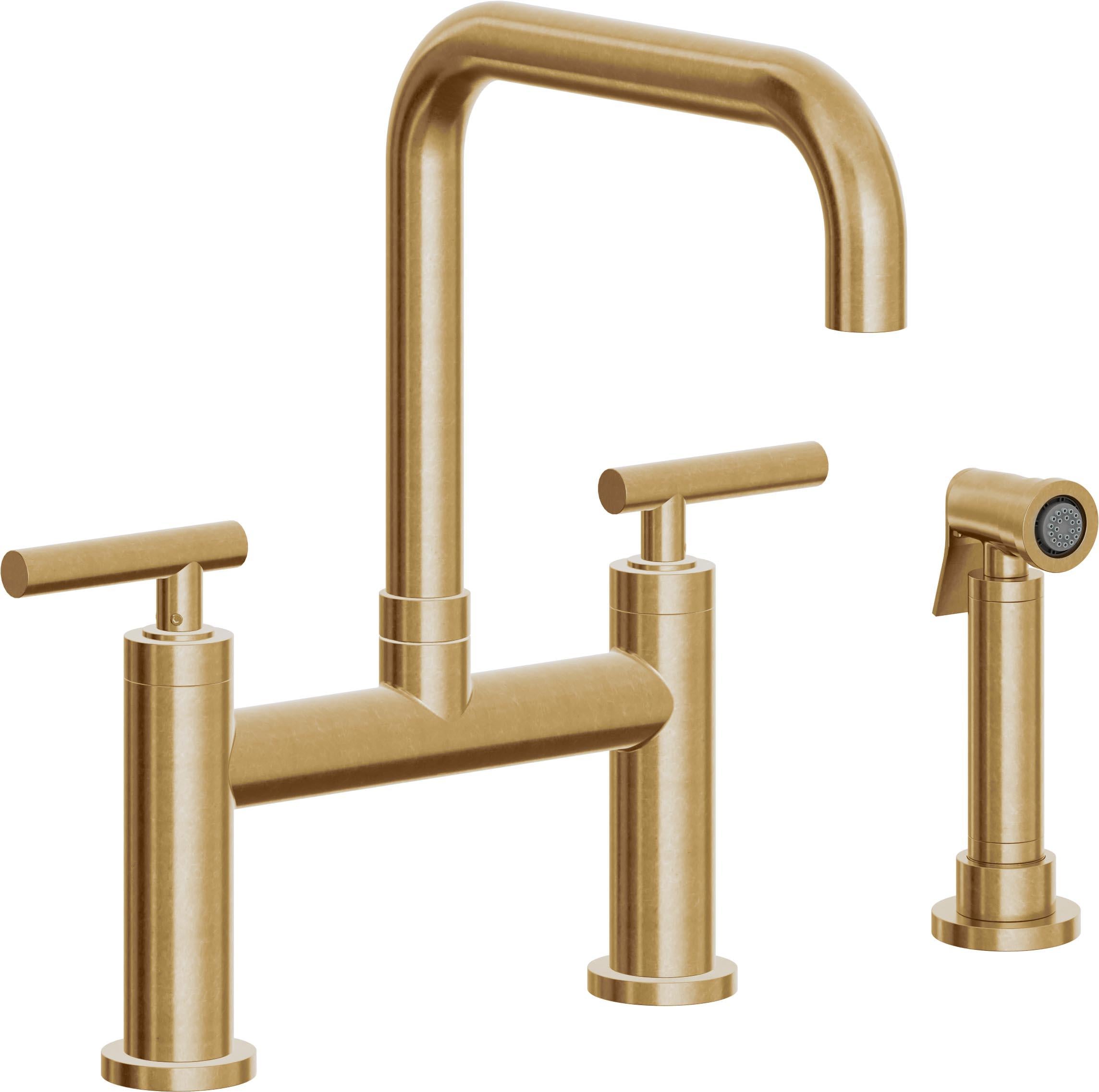 California Faucets Corsano Llave de Cocina Tipo Puente Contemporanea con Rociador Lateral - Pico Cuadruple - Latón Bruñido
