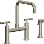 California Faucets Corsano Llave de Cocina Tipo Puente Contemporanea con Rociador Lateral - Pico Cuadruple - Níquel Bruñido