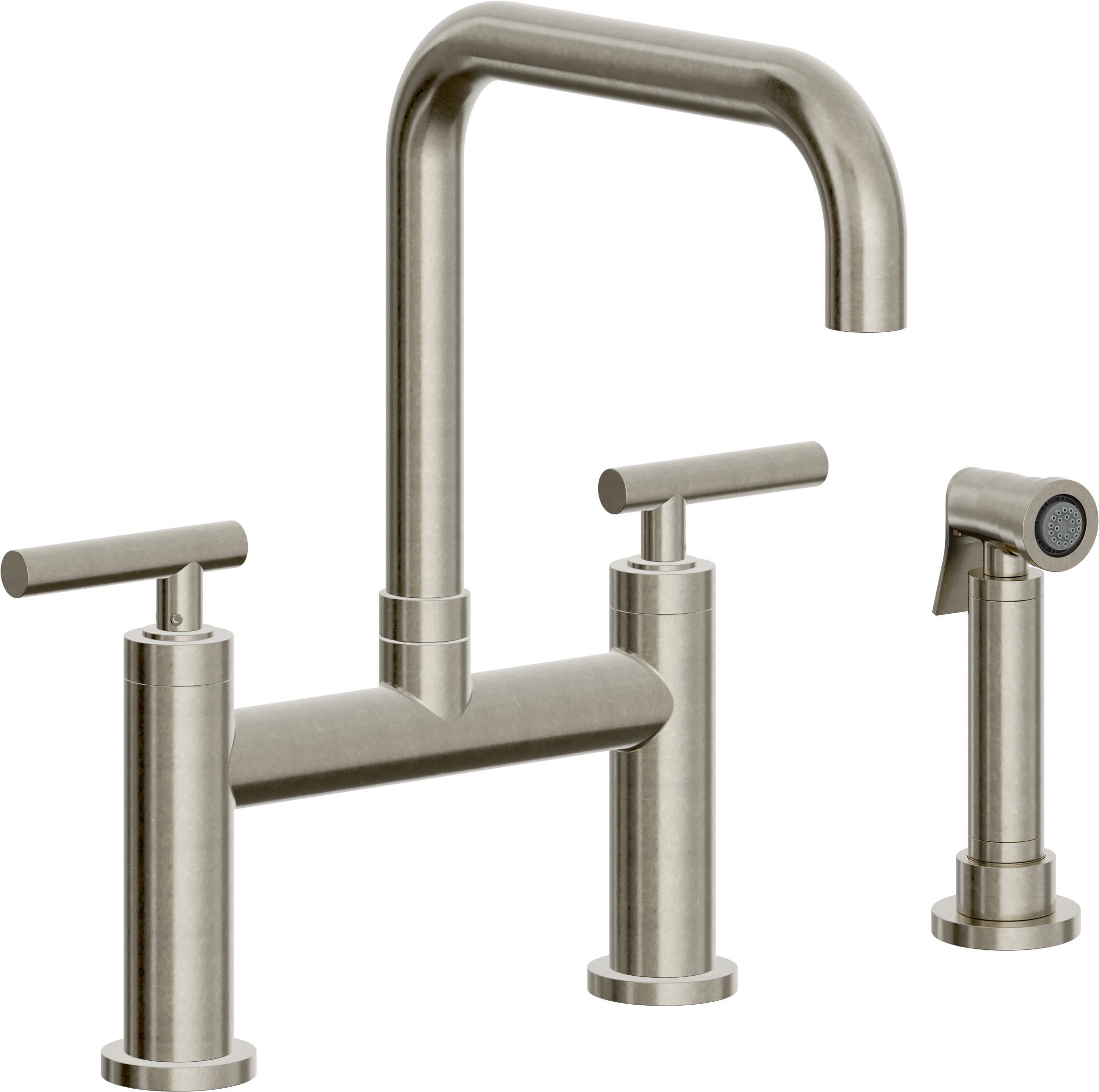 California Faucets Corsano Llave de Cocina Tipo Puente Contemporanea con Rociador Lateral - Pico Cuadruple - Níquel Bruñido