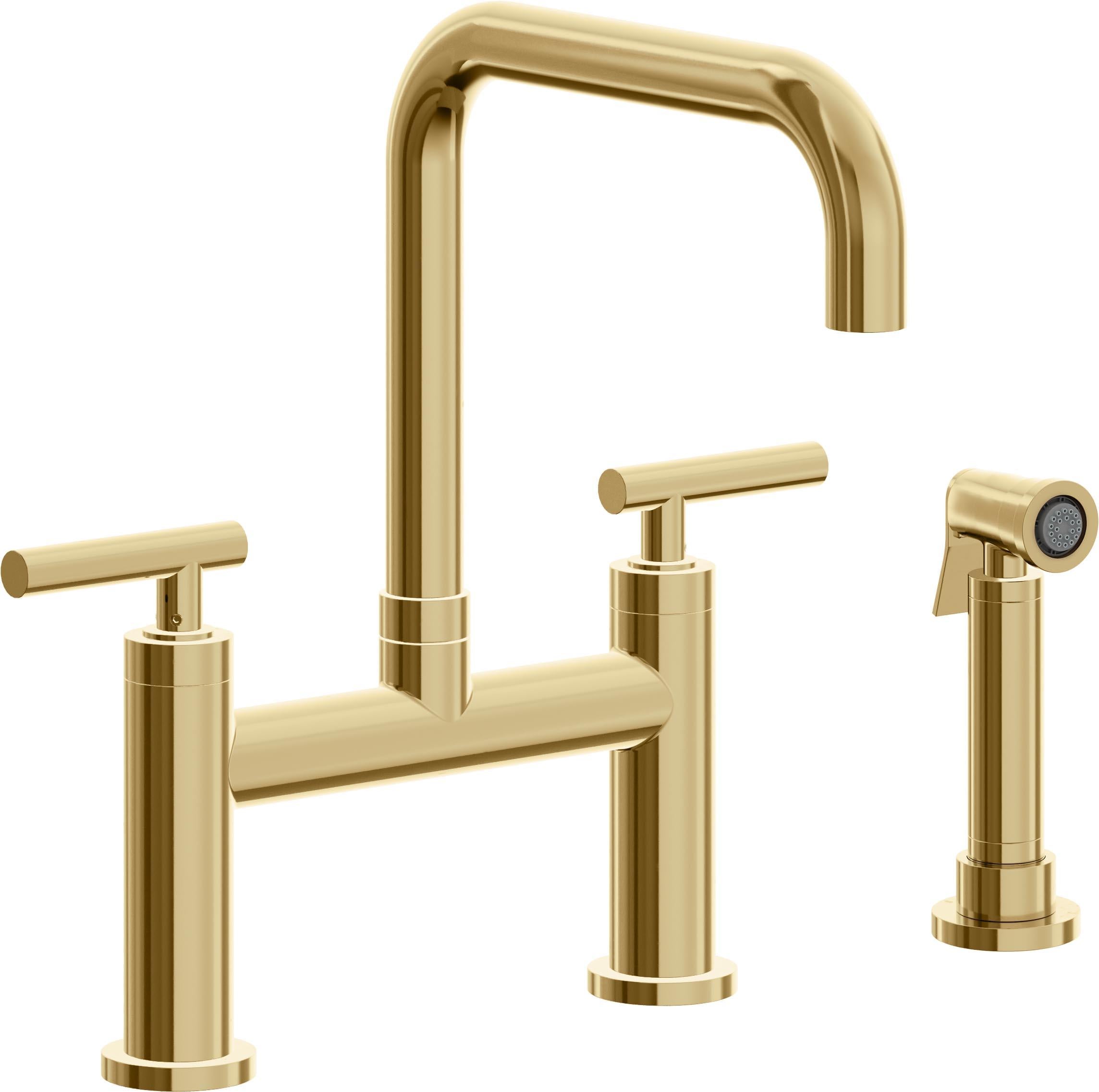 California Faucets Corsano Llave de Cocina Tipo Puente Contemporanea con Rociador Lateral - Pico Cuadruple - Oro Francés