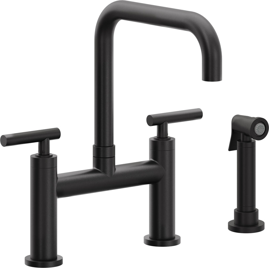 California Faucets Corsano Llave de Cocina Tipo Puente Contemporanea con Rociador Lateral - Pico Cuadruple - Negro Mate